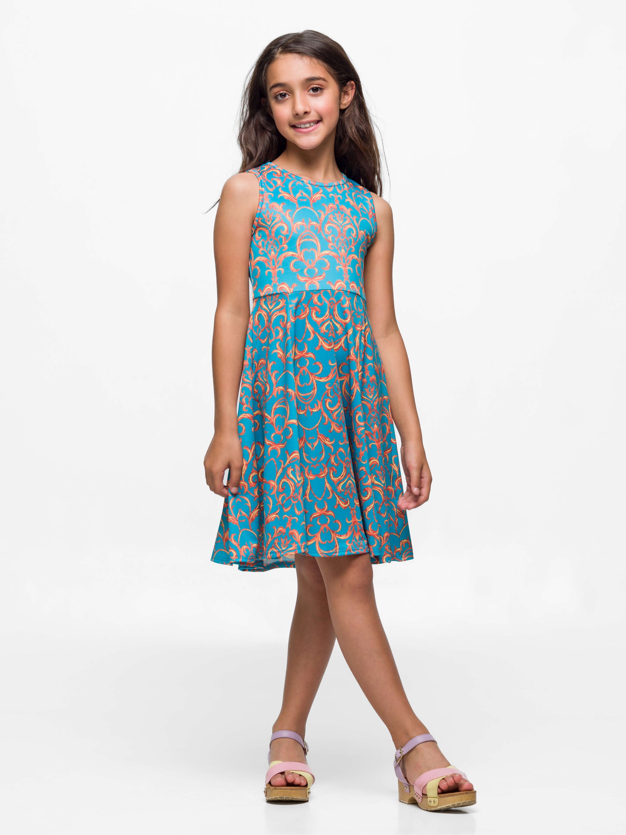 24sevenkid Girls Sky Blue and Orange Print Fit and Flare Dress