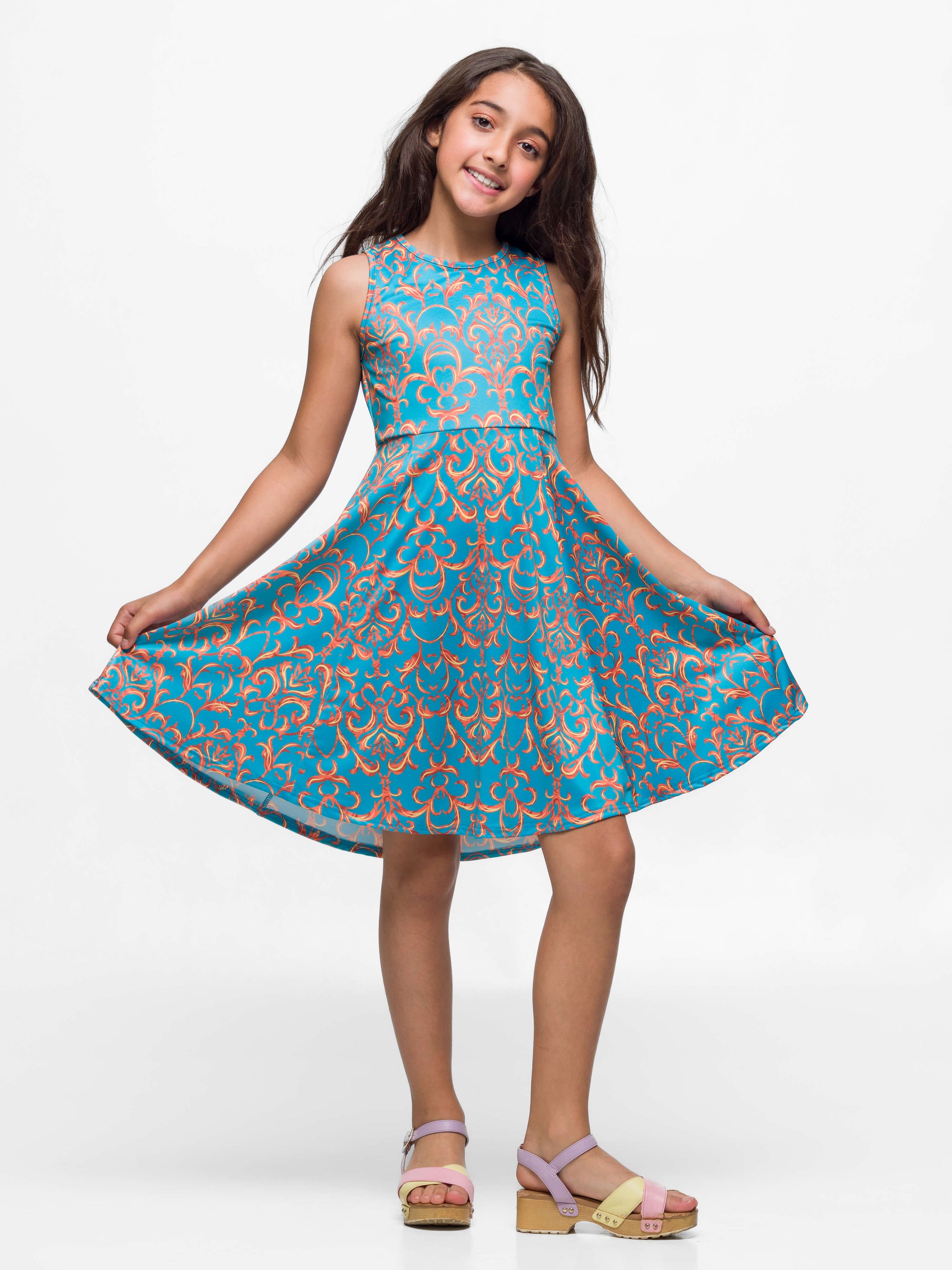 24sevenkid Girls Sky Blue and Orange Print Fit and Flare Dress