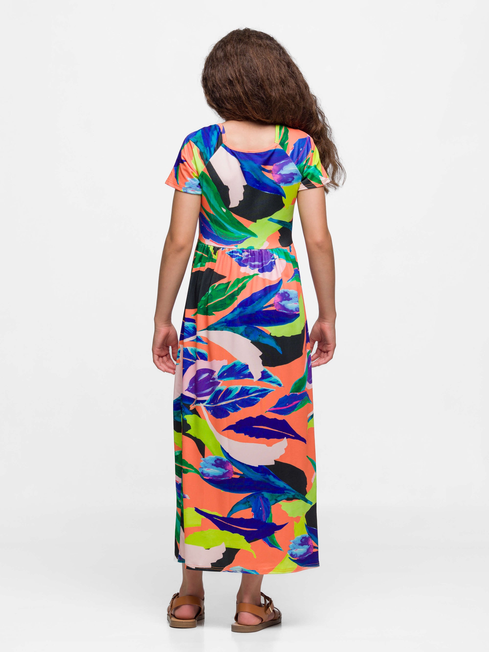 24sevenkid Girls Bright Floral Print Short Sleeve Maxi Dress