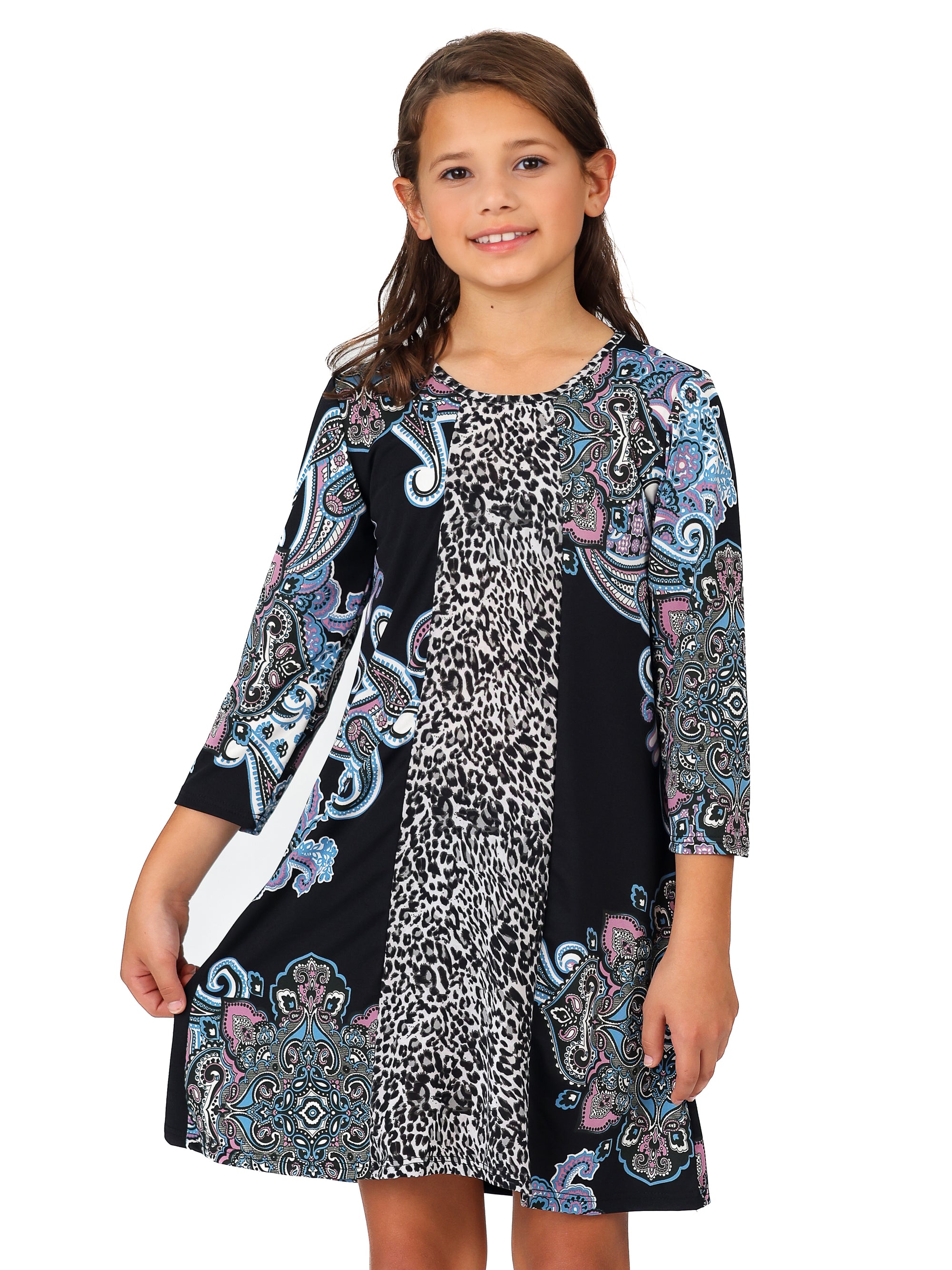 24seven Comfort Apparel Black Multiprint Knee Length Girls Fall Dress