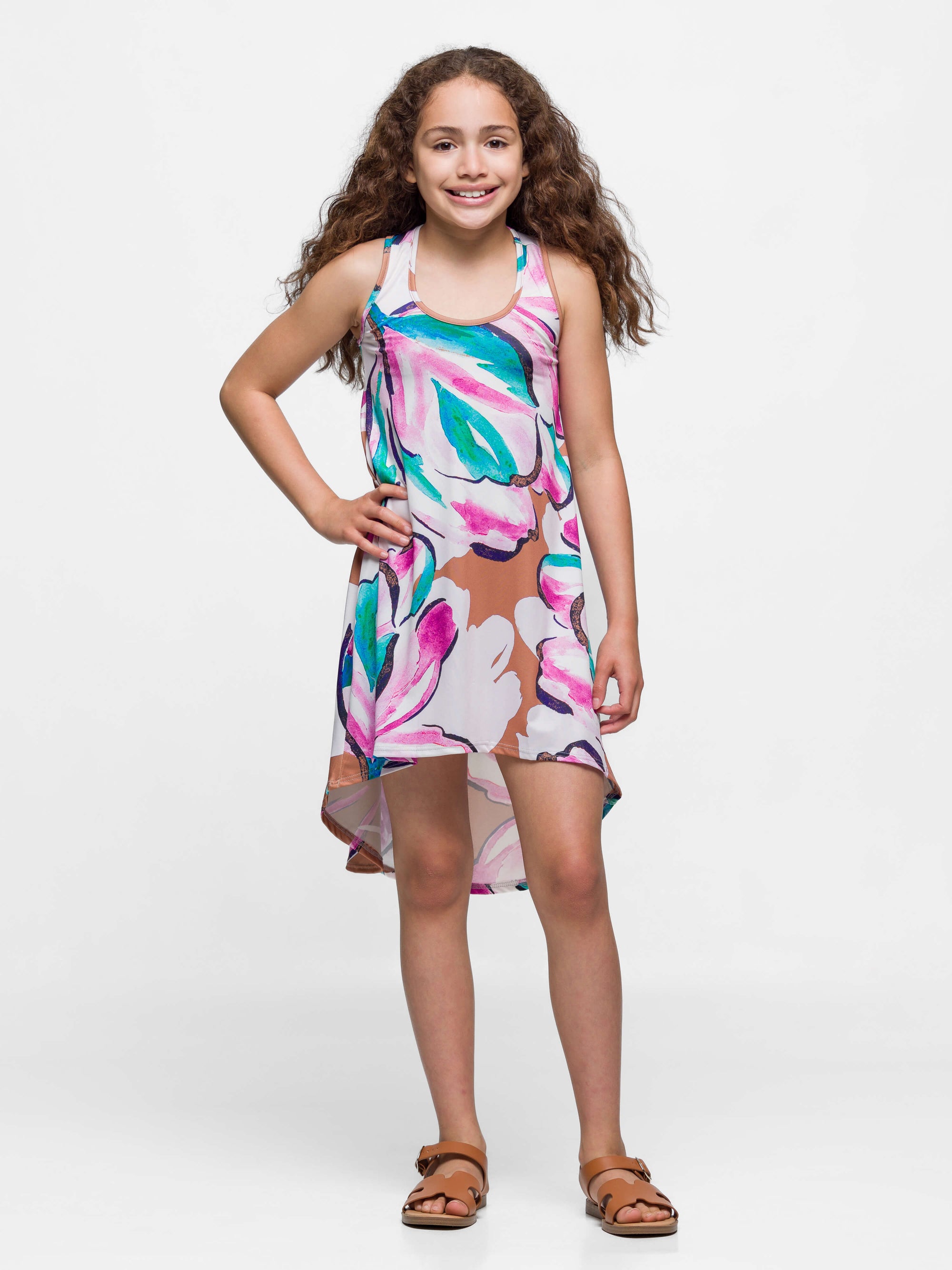 24sevenkid Girls Pastel Floral High Low Sleeveless Pocket Dress