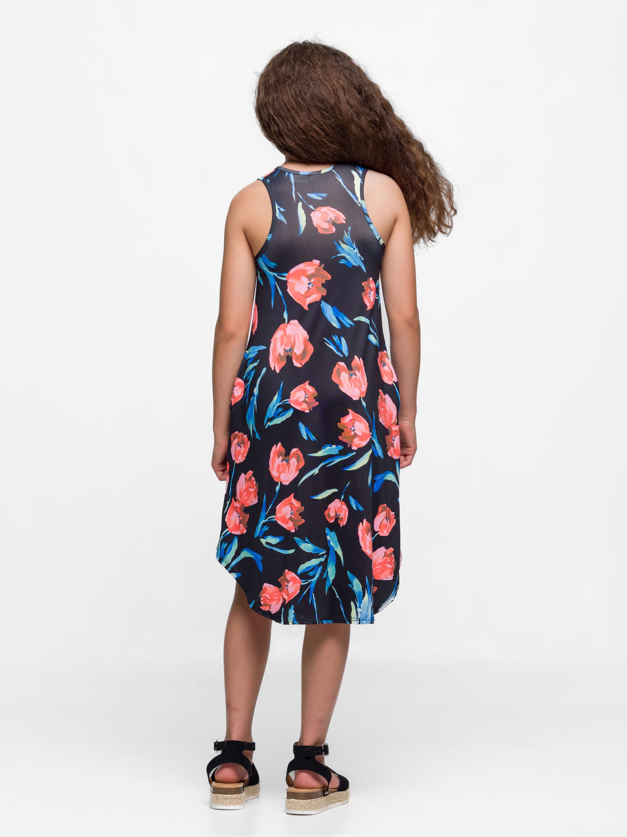 24sevenkid Girls Black Floral High Low Sleeveless Pocket Dress