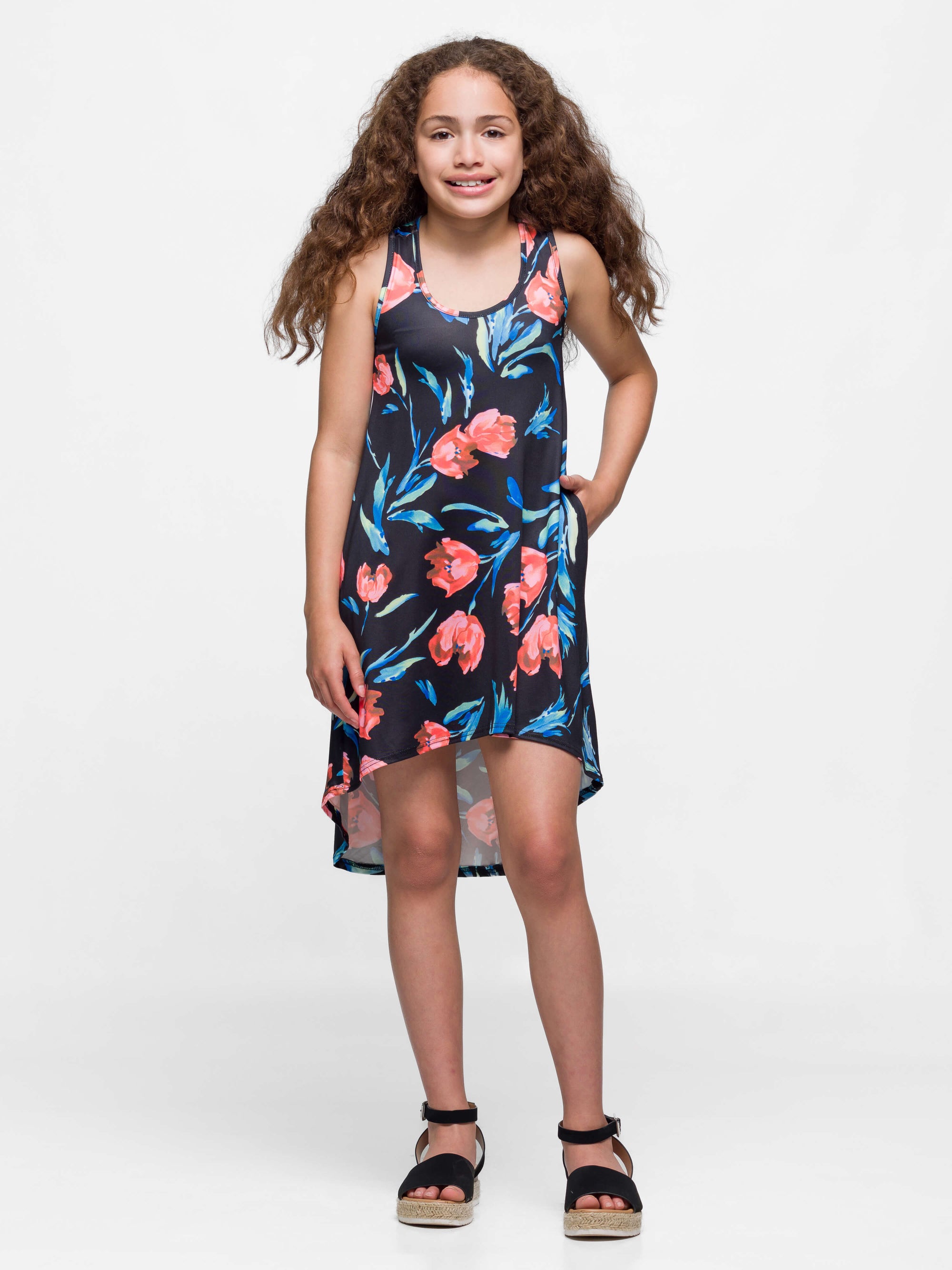 24sevenkid Girls Black Floral High Low Sleeveless Pocket Dress