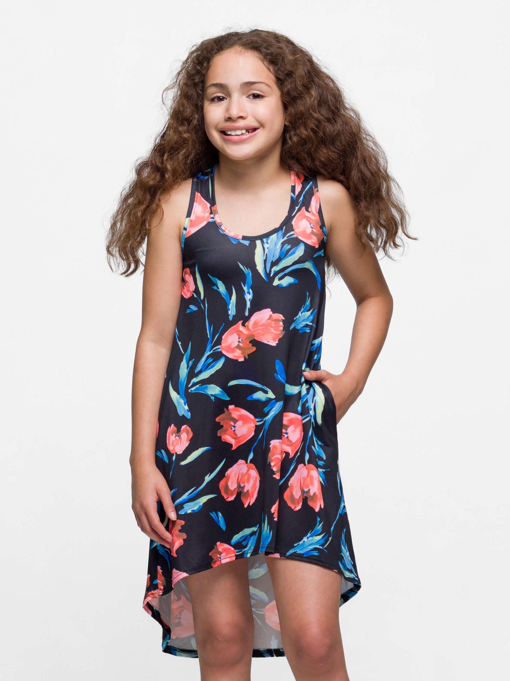 24sevenkid Girls Black Floral High Low Sleeveless Pocket Dress