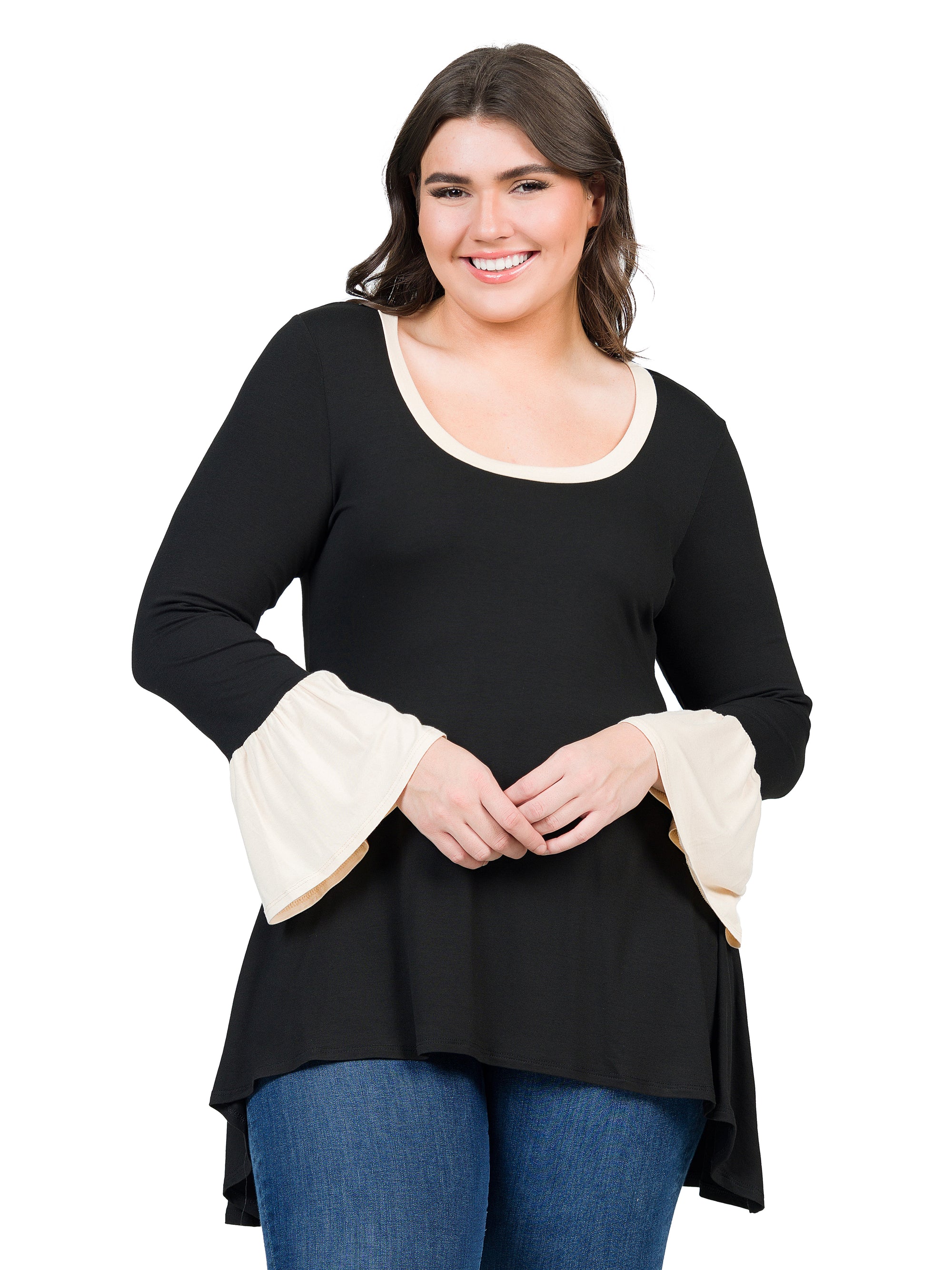 Black and Beige Bell Sleeve Hi Low Plus Size Tunic Top