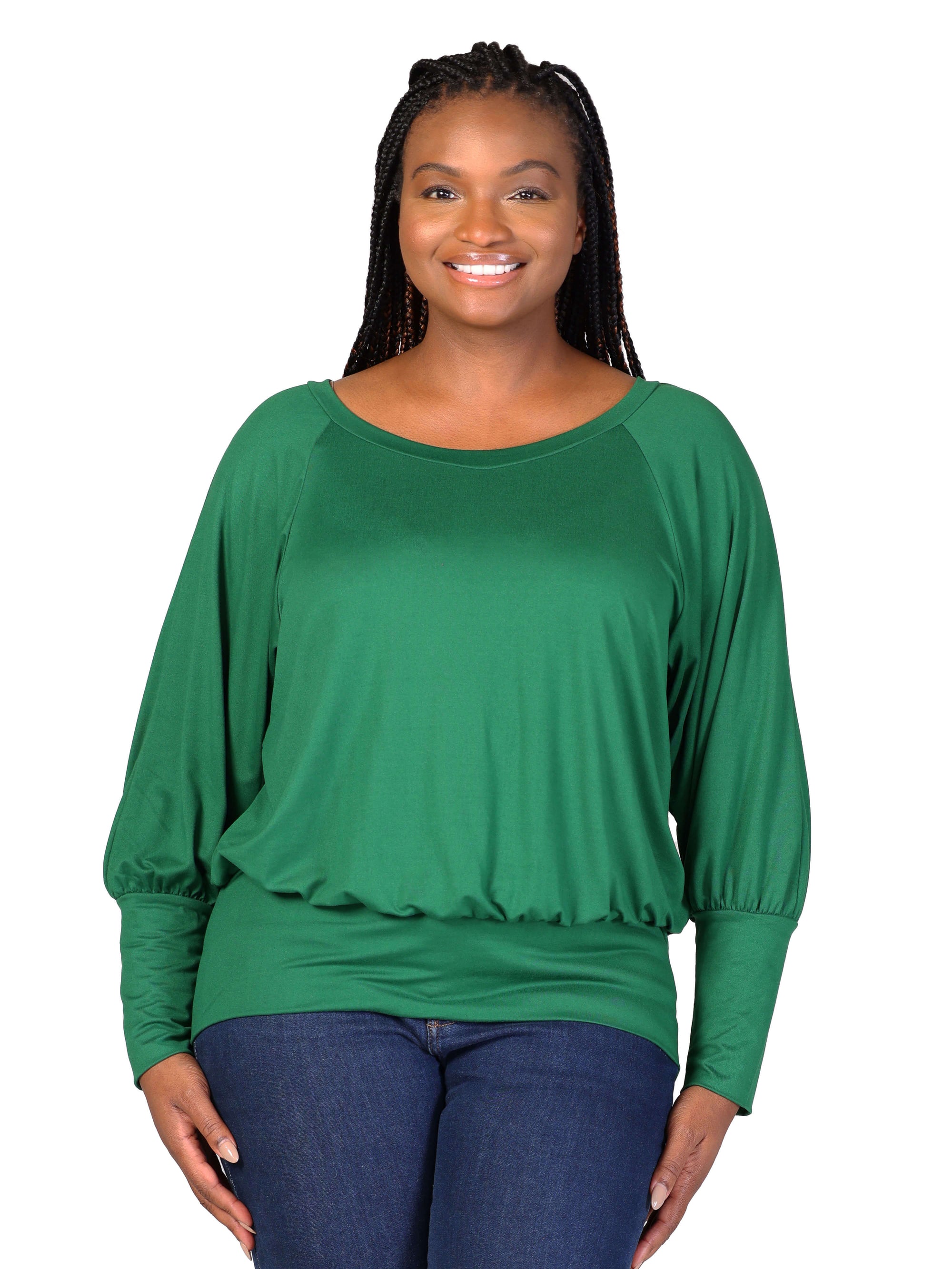 Plus Size Round Neck Long Blouson Sleeve Banded Bottom Top