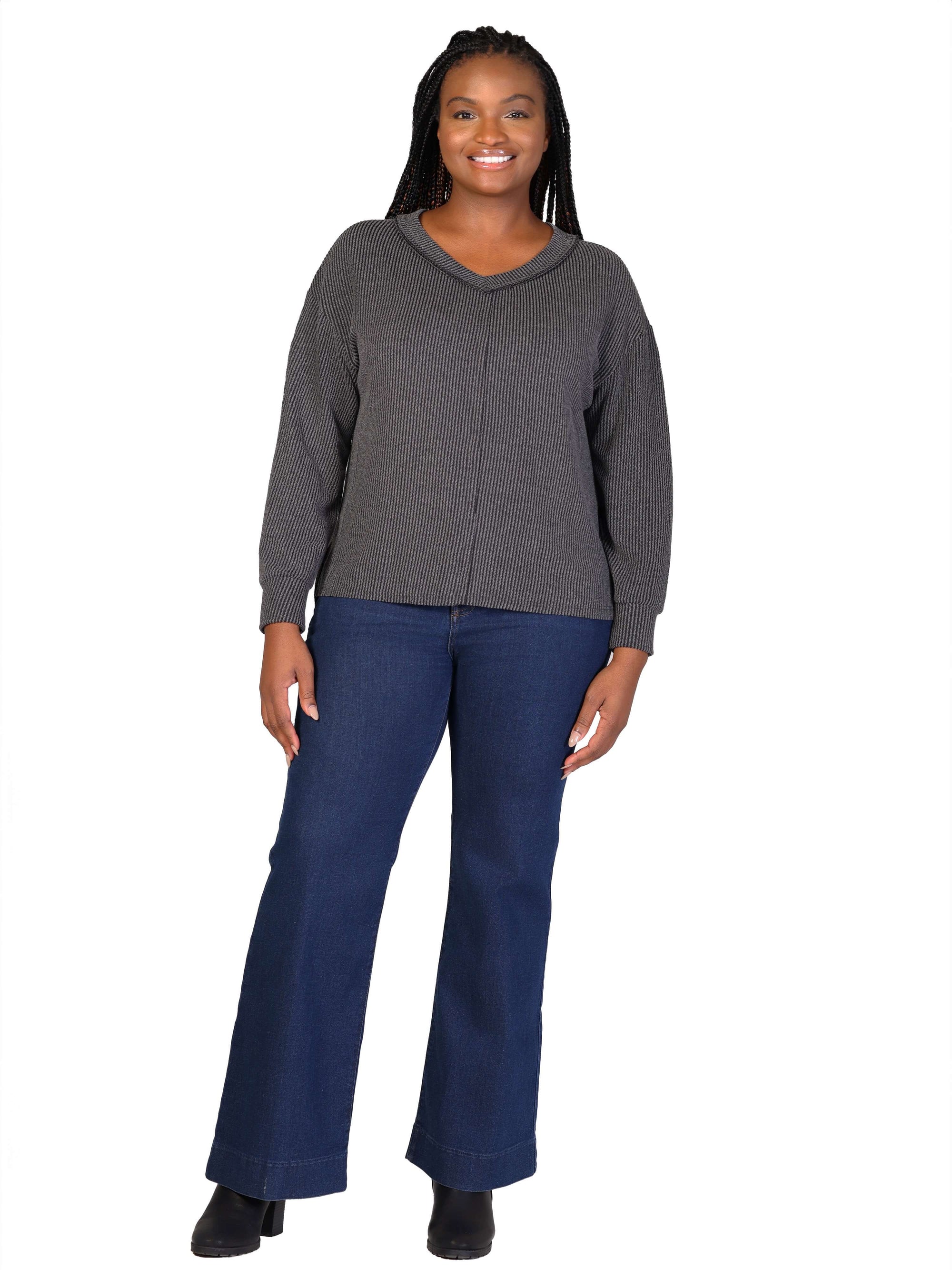 Relaxed Plus Size Fit Ribbed Knit V Neck Sweater Top