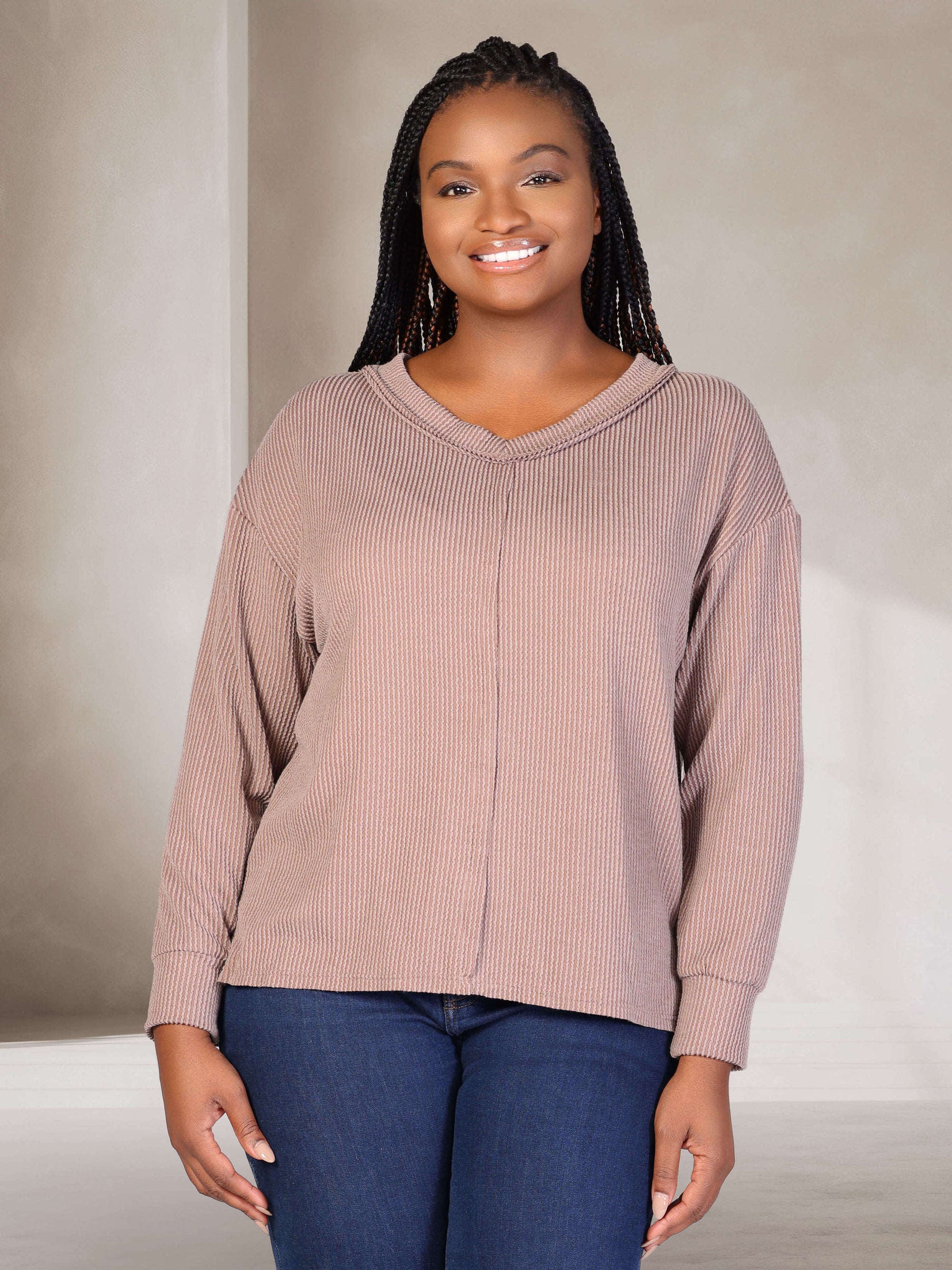 Relaxed Plus Size Fit Ribbed Knit V Neck Sweater Top