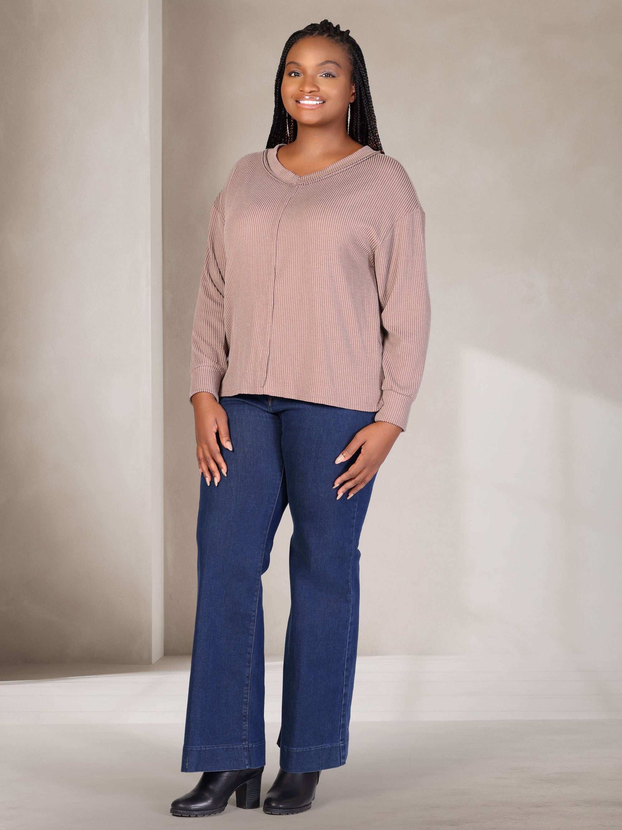 Relaxed Plus Size Fit Ribbed Knit V Neck Sweater Top