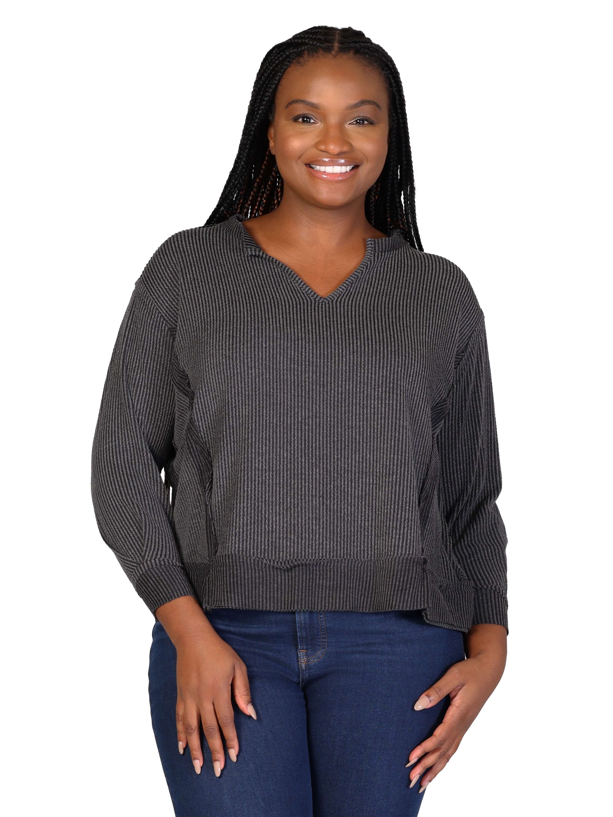 Plus Size Relaxed Fit Ribbed Knit V Neck Sweatshirt Top