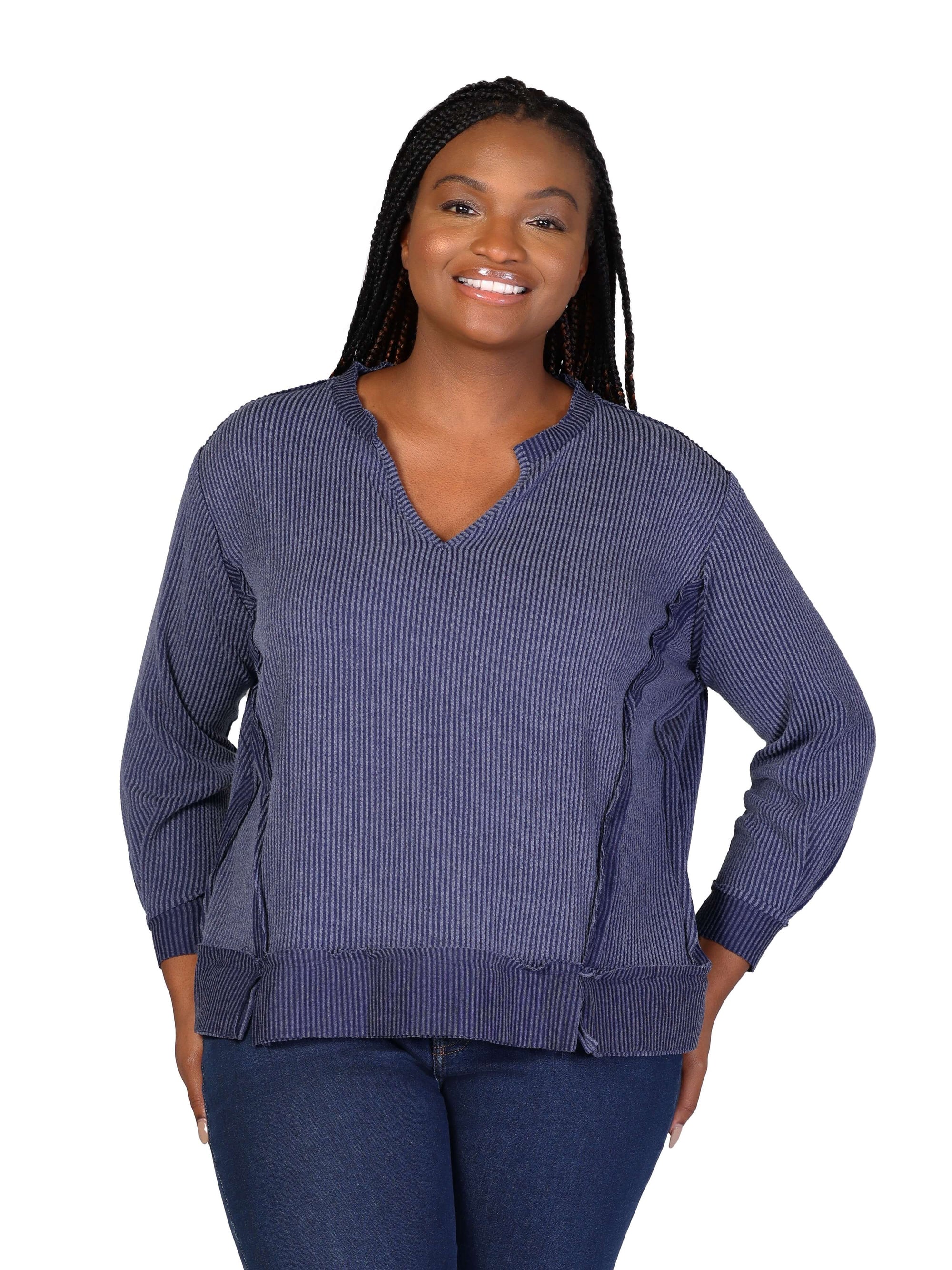 Plus Size Relaxed Fit Ribbed Knit V Neck Sweatshirt Top