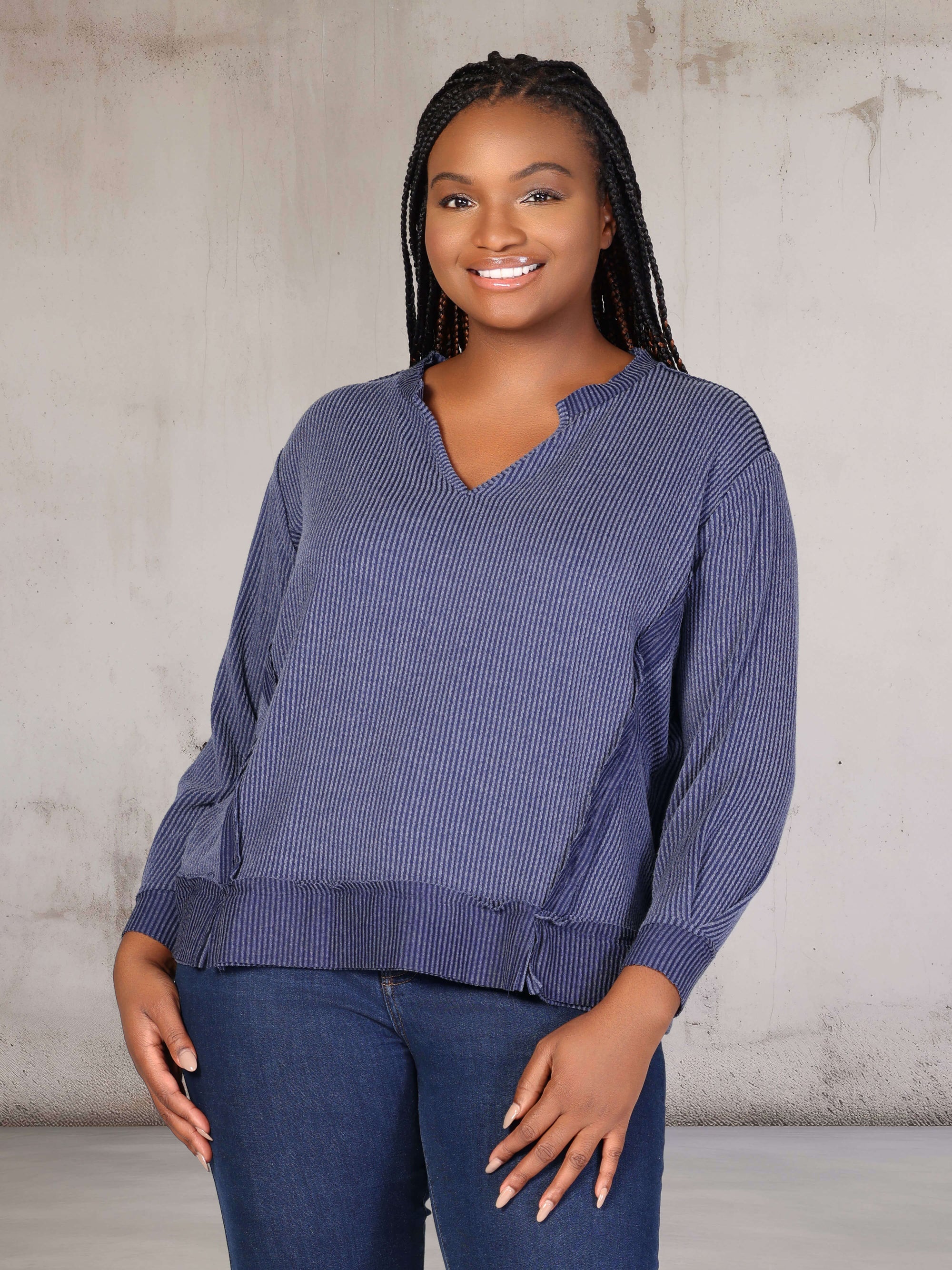 Plus Size Relaxed Fit Ribbed Knit V Neck Sweatshirt Top