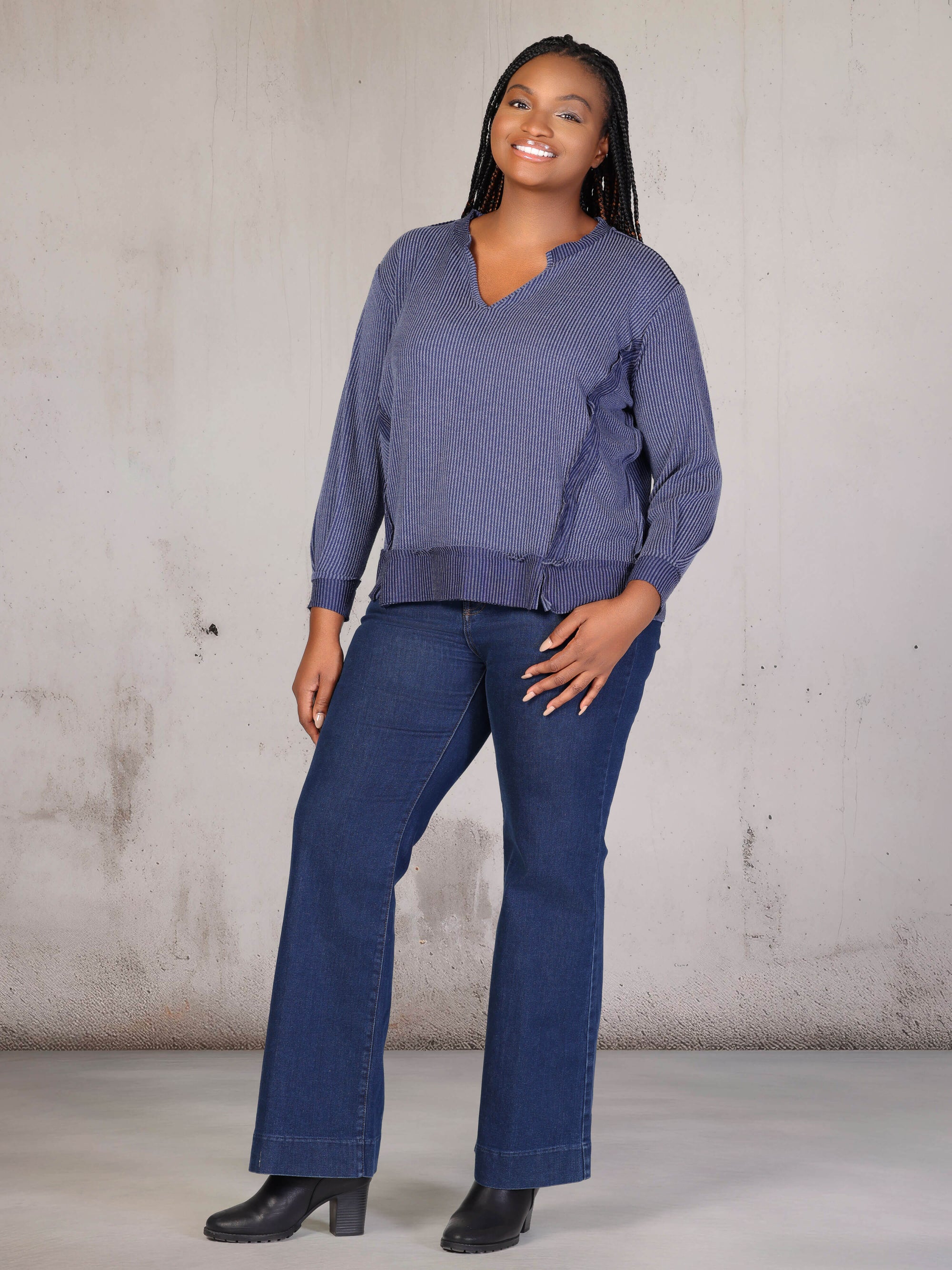Plus Size Relaxed Fit Ribbed Knit V Neck Sweatshirt Top
