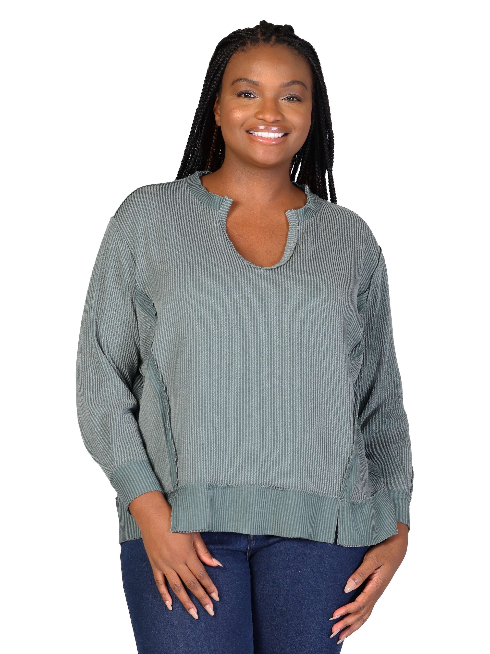 Plus Size Relaxed Fit Ribbed Knit V Neck Sweatshirt Top