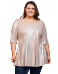 24seven Comfort Apparel Plus Size Pink Metallic Scoop Neck Flared Tunic Top