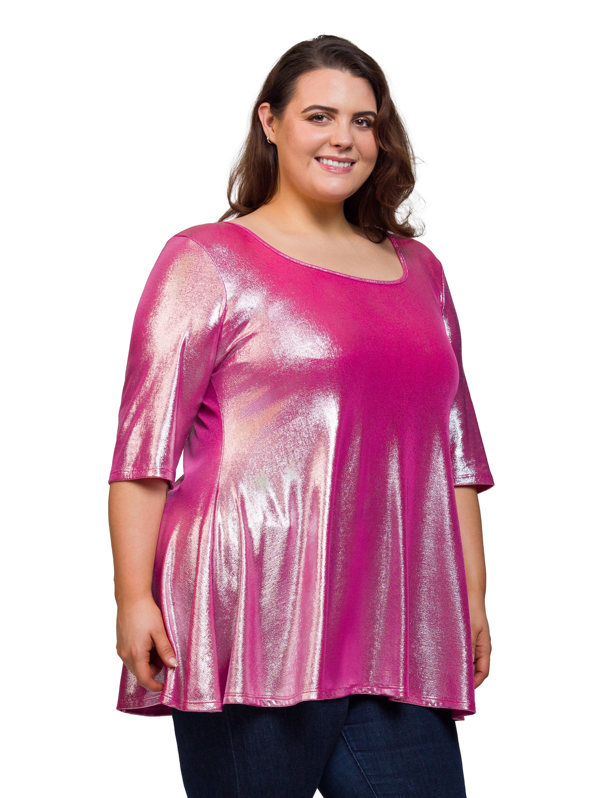 24seven Comfort Apparel Plus Size Pink Metallic Scoop Neck Flared Tunic Top