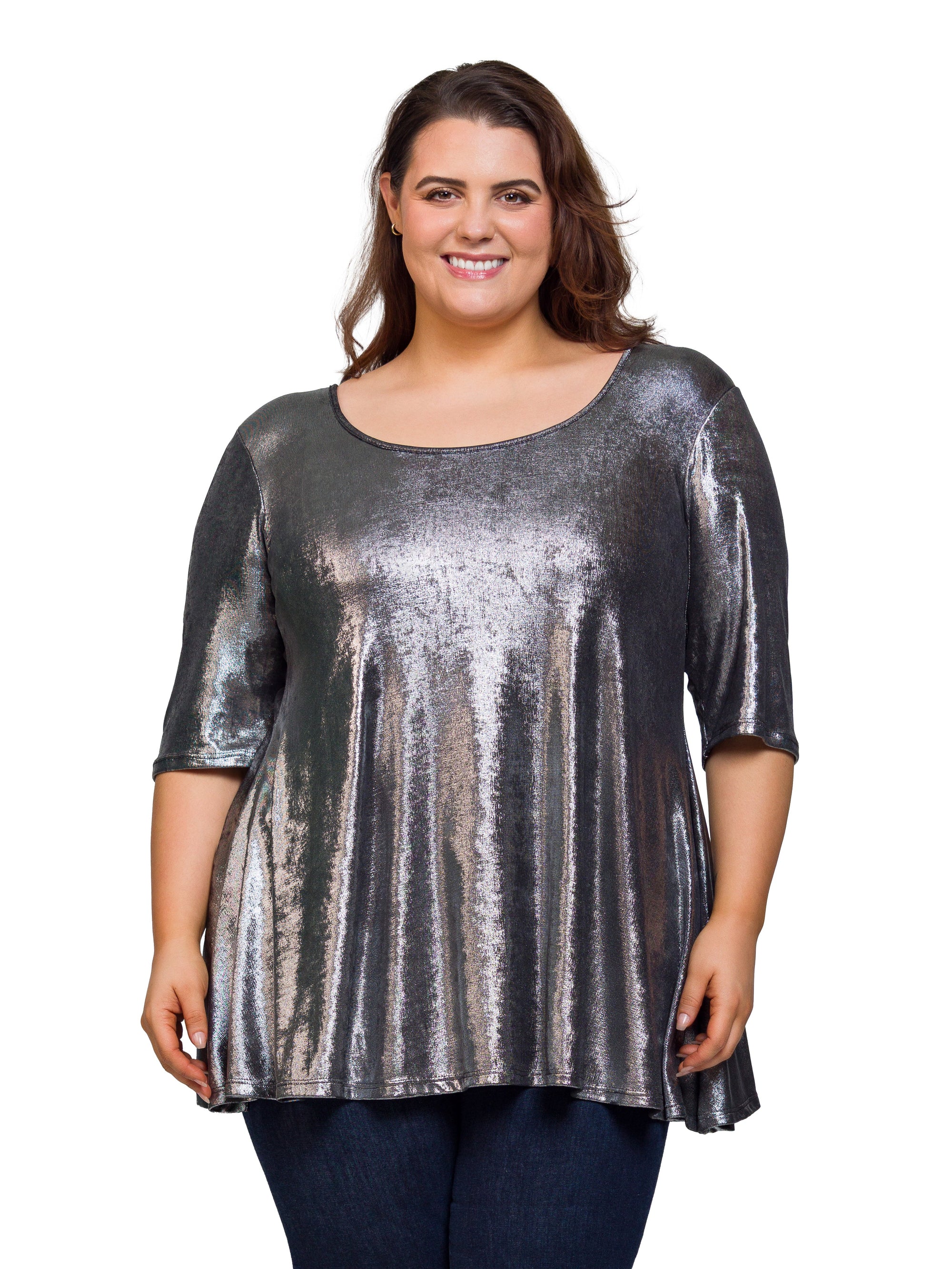 24seven Comfort Apparel Plus Size Pink Metallic Scoop Neck Flared Tunic Top