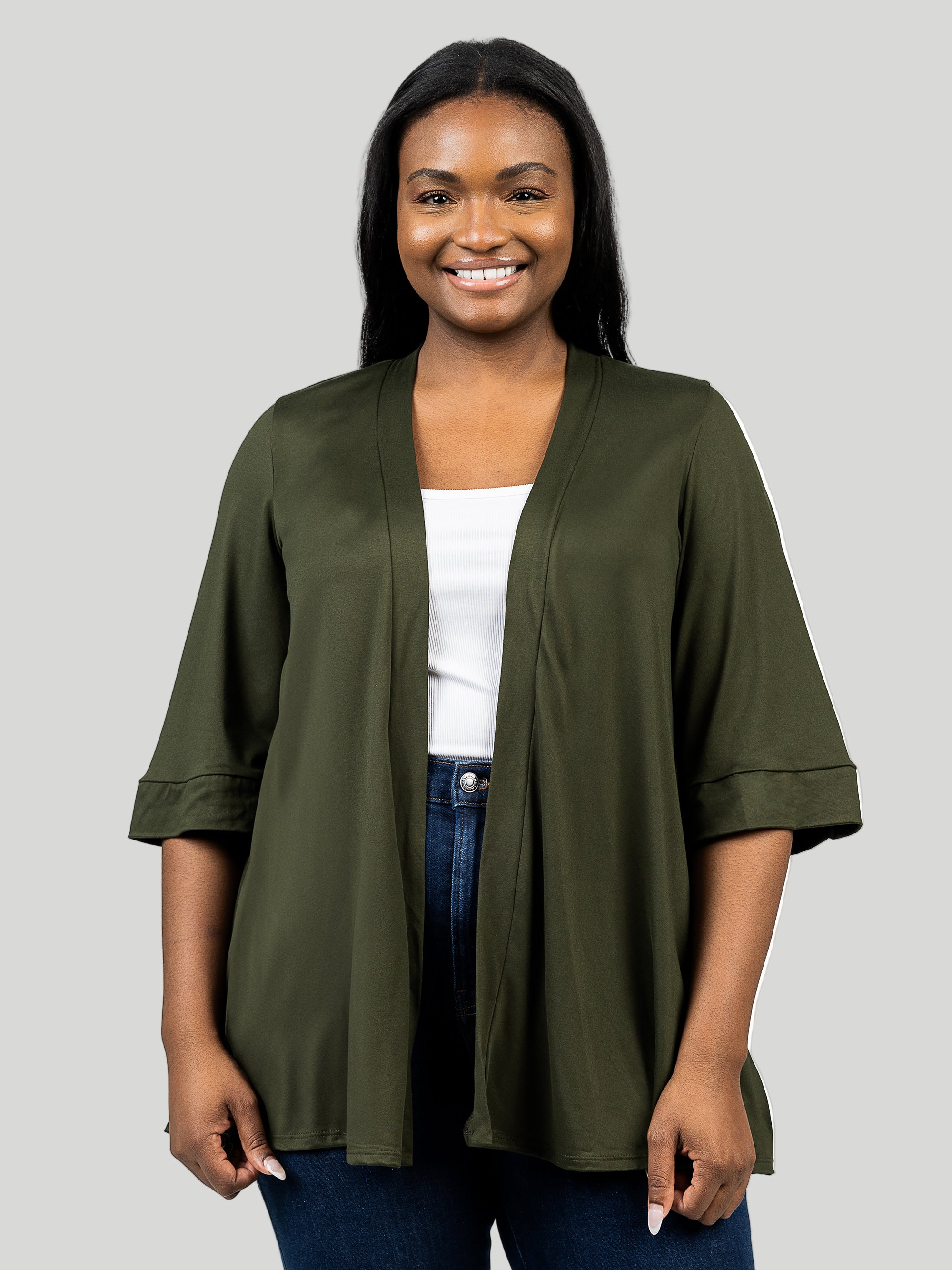 Elbow Length Sleeve Open Front Plus Size Cardigan