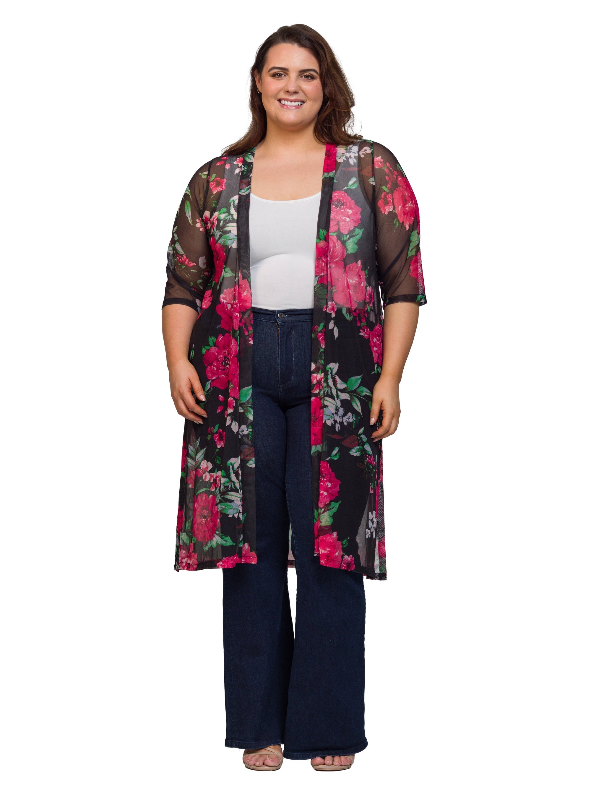 Plus Size Sheer Floral Open Front Knee Length Cardigan