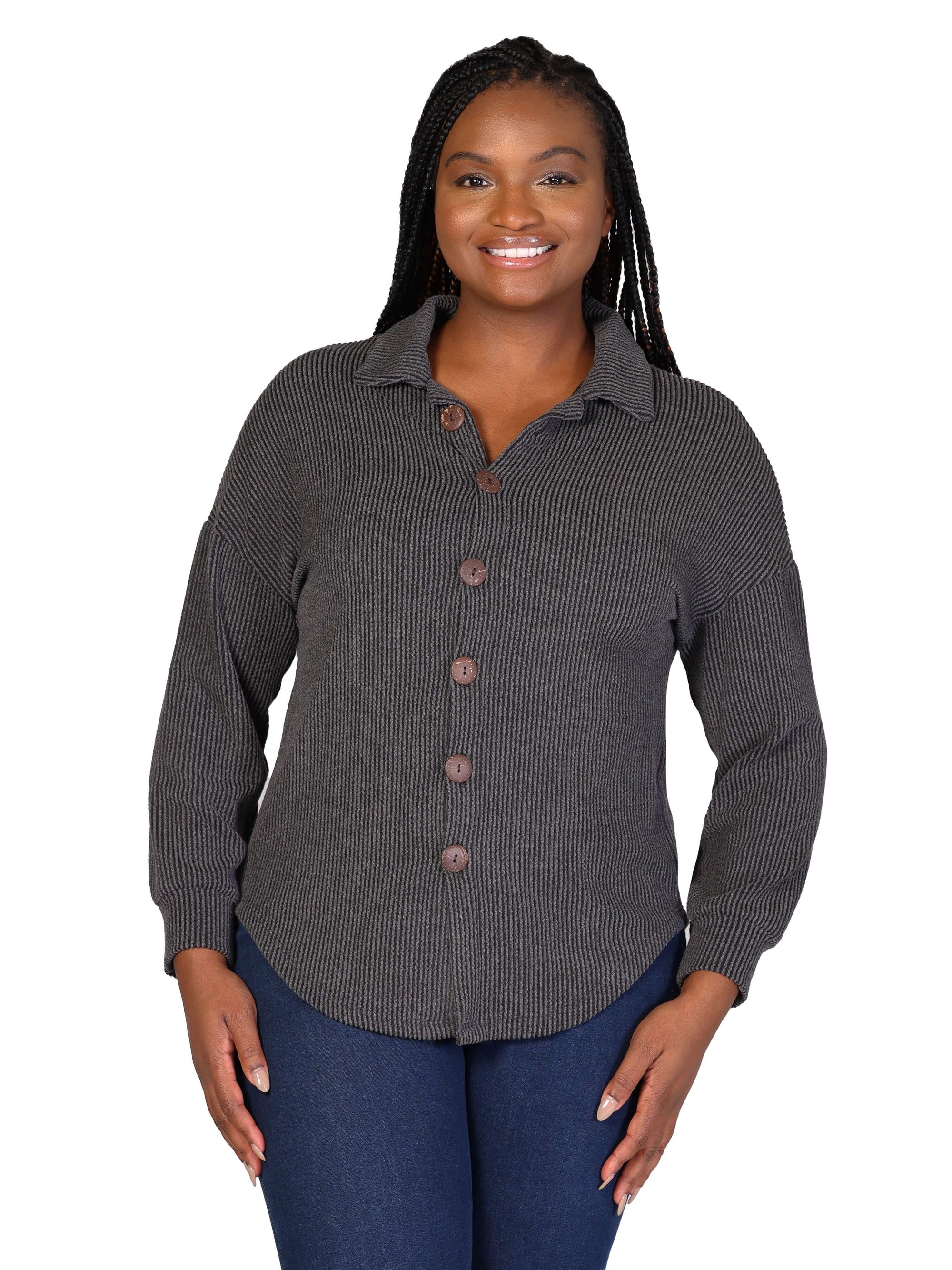 Plus Size Ribbed Button Up Long Sleeve Collared Shirt Jacket