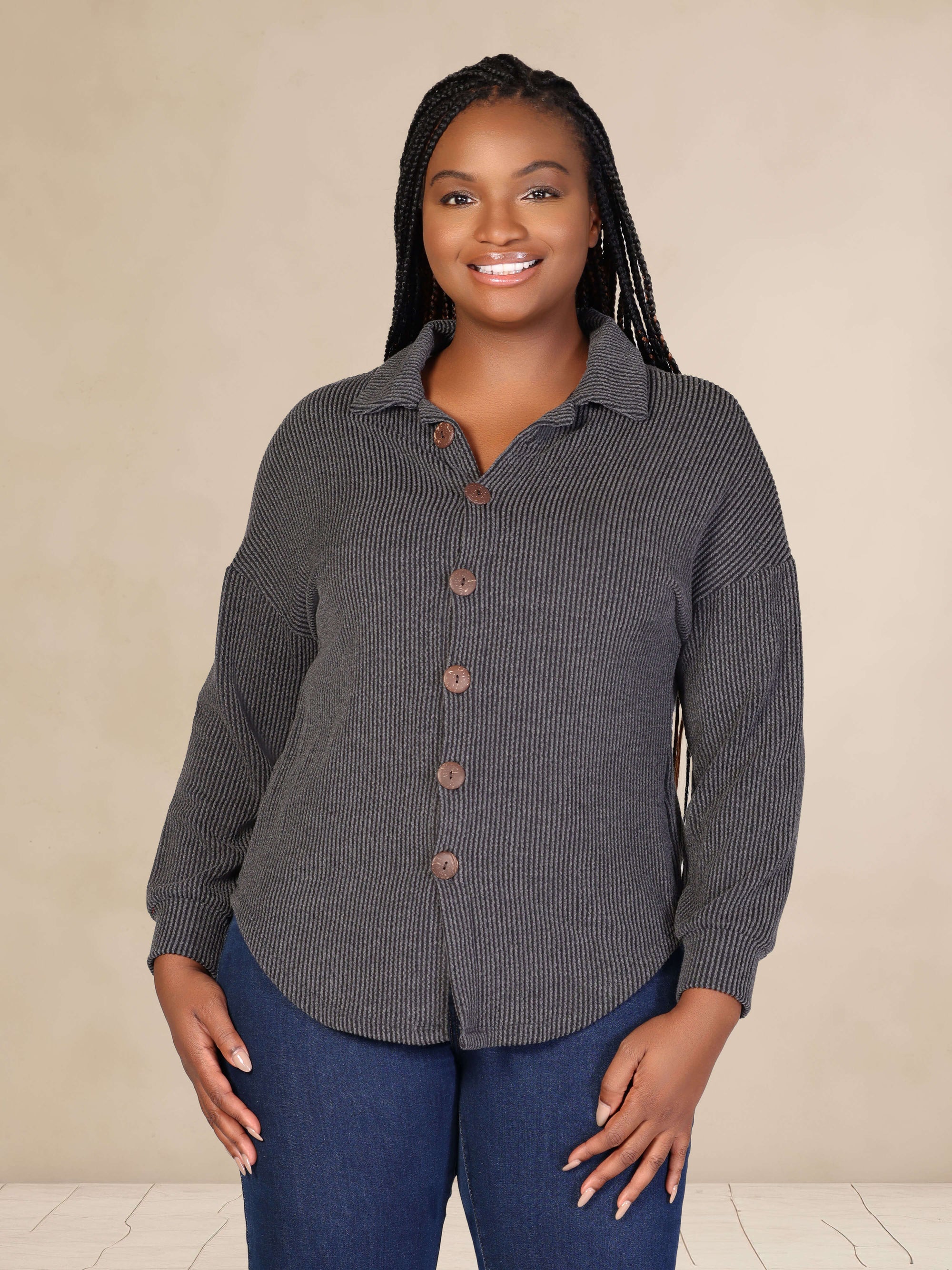 Plus Size Ribbed Button Up Long Sleeve Collared Shirt Jacket