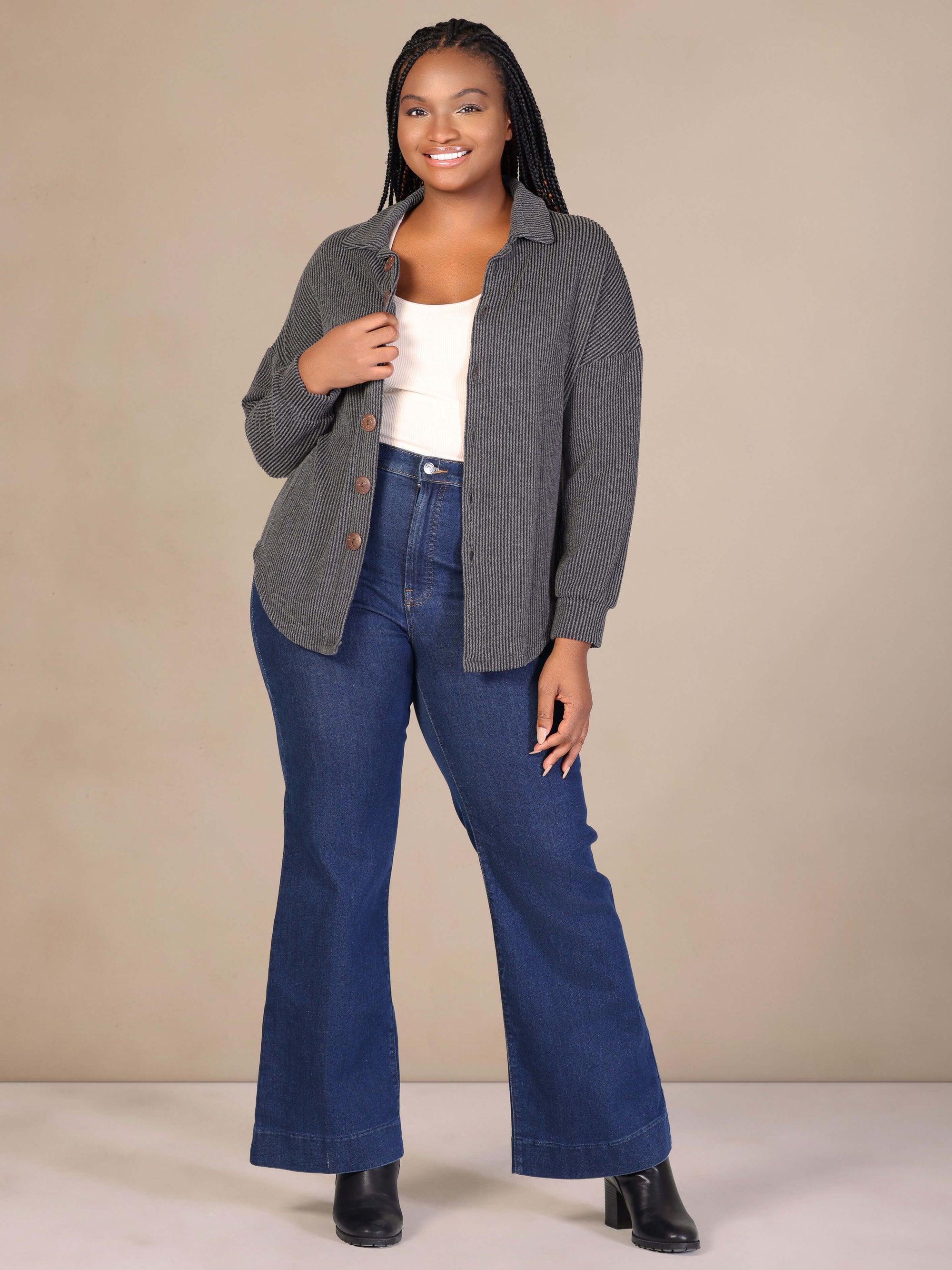 Plus Size Ribbed Button Up Long Sleeve Collared Shirt Jacket