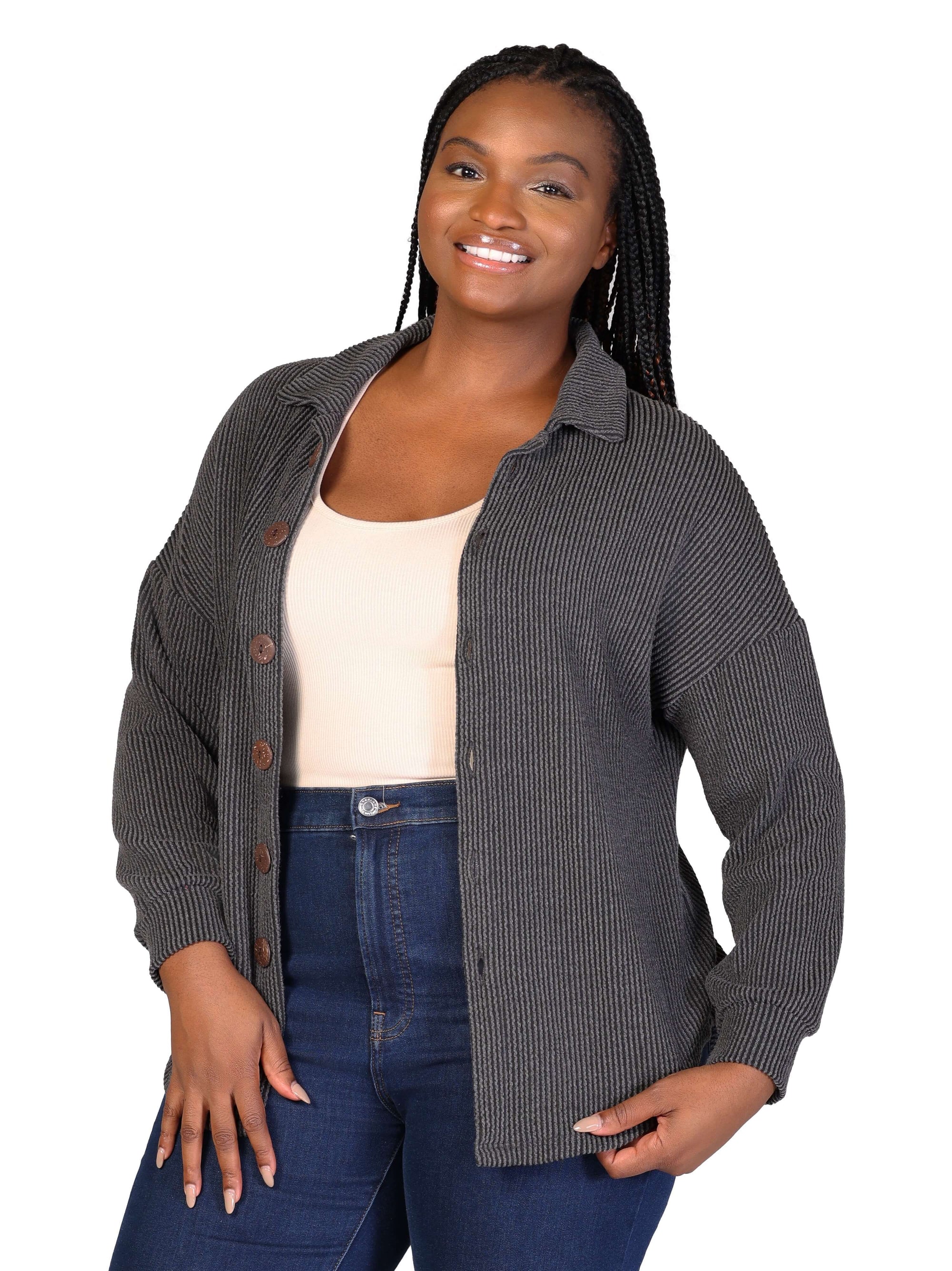 Plus Size Ribbed Button Up Long Sleeve Collared Shirt Jacket