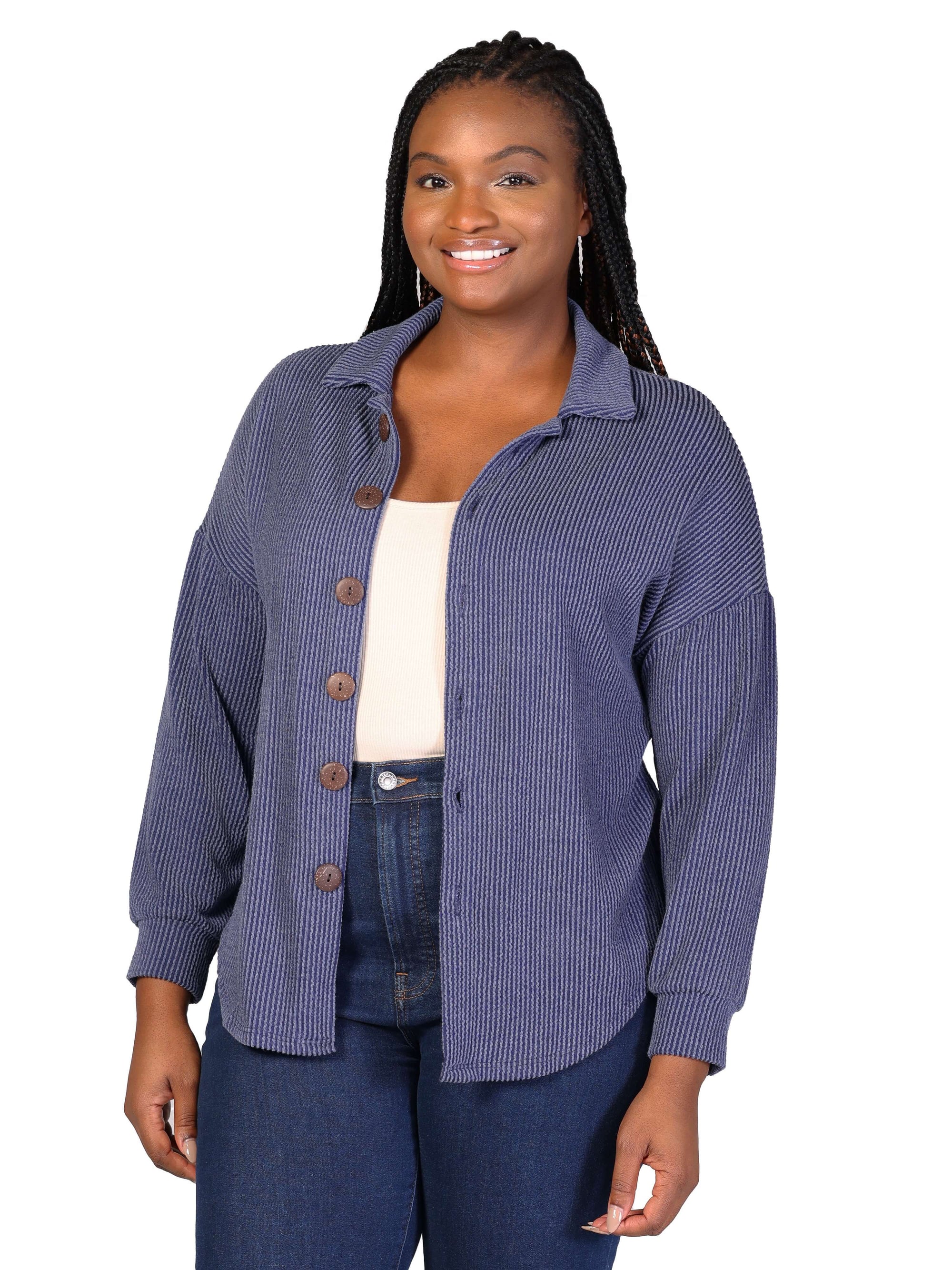 Plus Size Ribbed Button Up Long Sleeve Collared Shirt Jacket