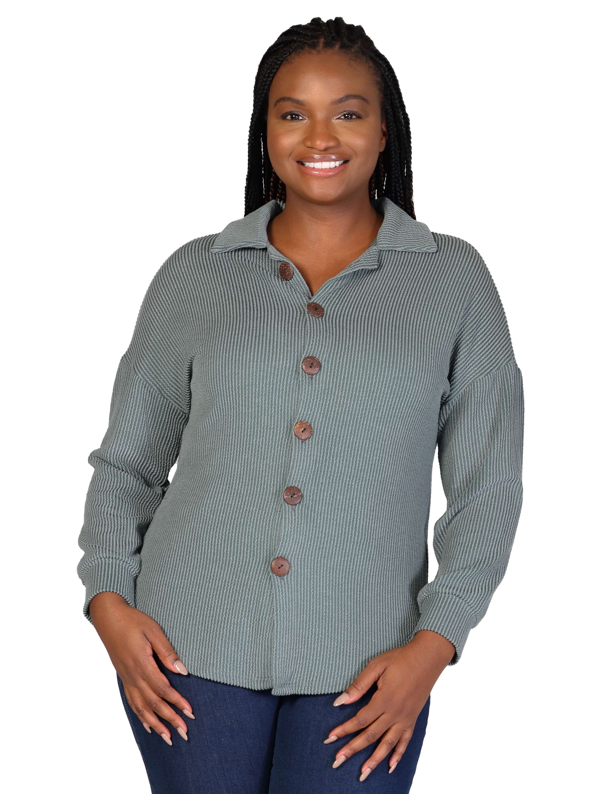 Plus Size Ribbed Button Up Long Sleeve Collared Shirt Jacket