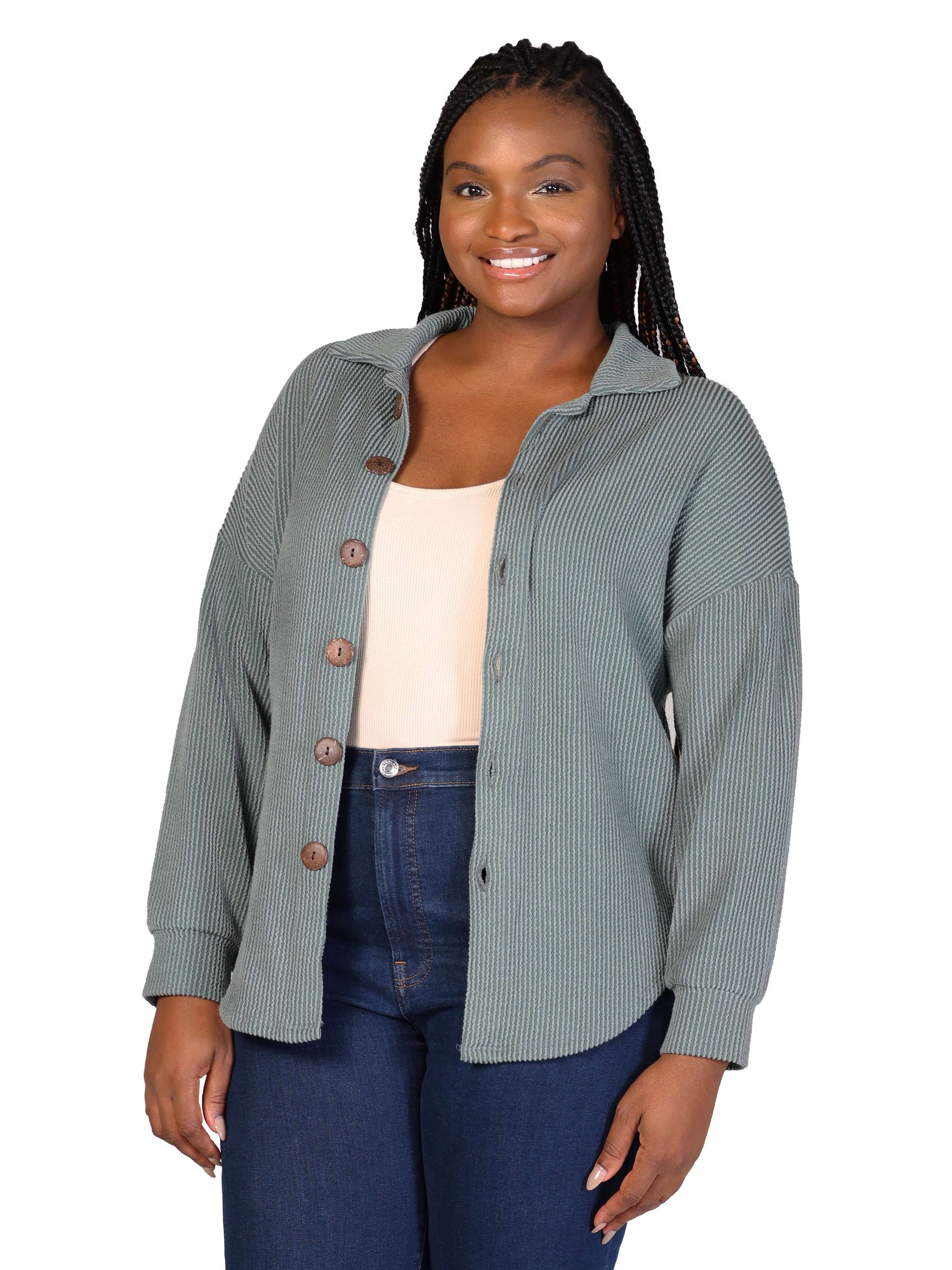 Plus Size Ribbed Button Up Long Sleeve Collared Shirt Jacket