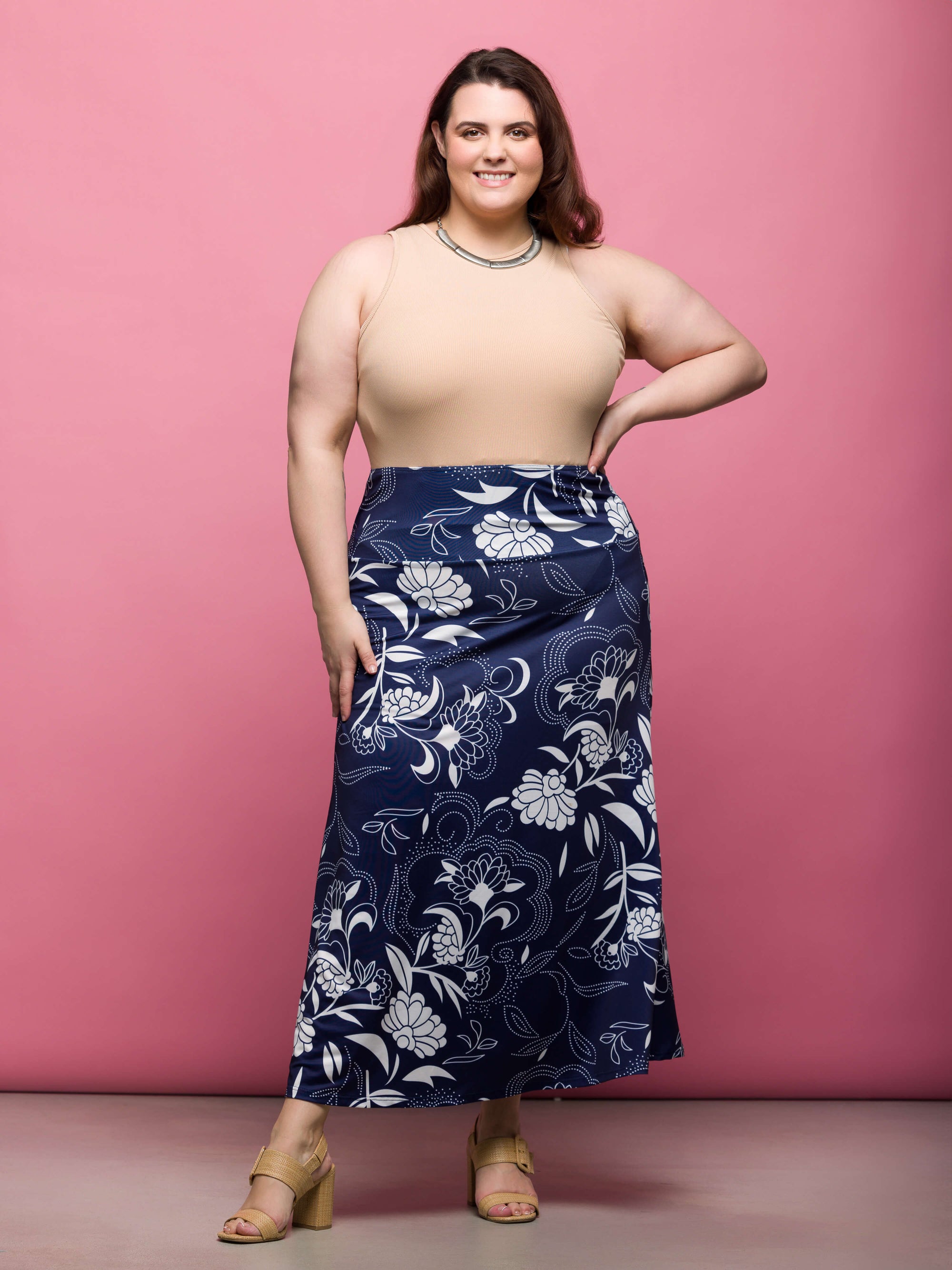 24seven Comfort Apparel Plus Size Navy Floral Print Elastic Waist A Line Maxi Skirt
