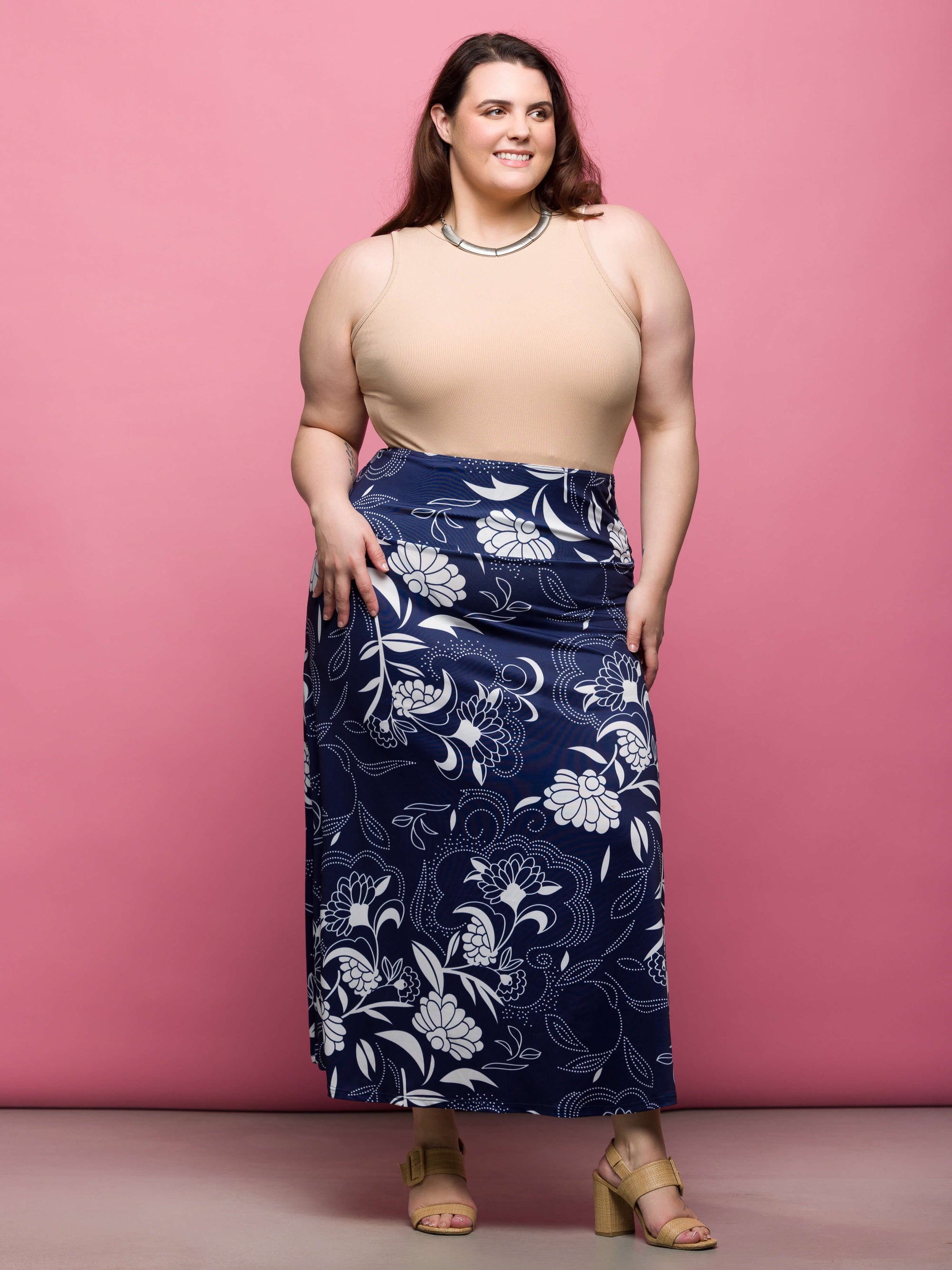 24seven Comfort Apparel Plus Size Navy Floral Print Elastic Waist A Line Maxi Skirt