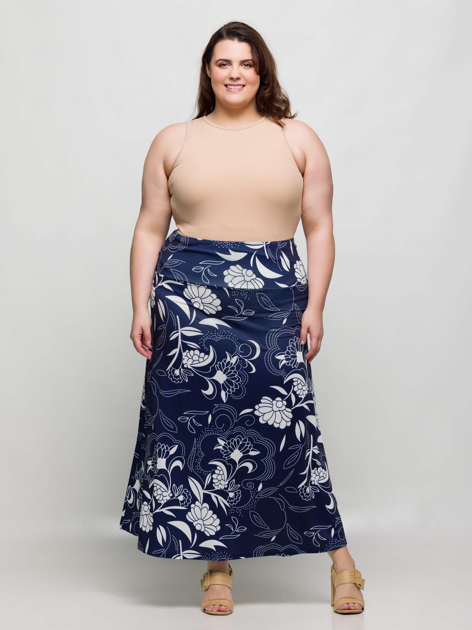 24seven Comfort Apparel Plus Size Navy Floral Print Elastic Waist A Line Maxi Skirt