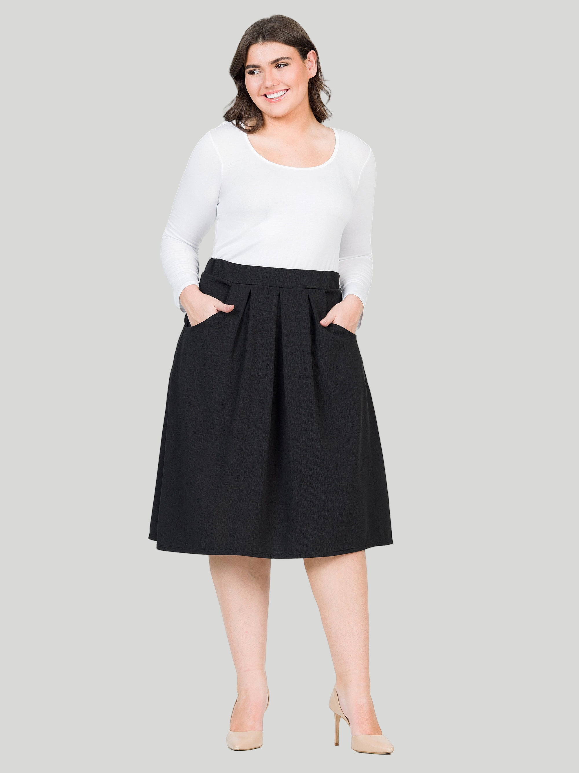 Classic Plus Size Knee Length Black Skirt With Pockets