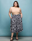 24seven Comfort Apparel Plus Size Black Geometric Print Elastic Waist Pocket Midi Skirt