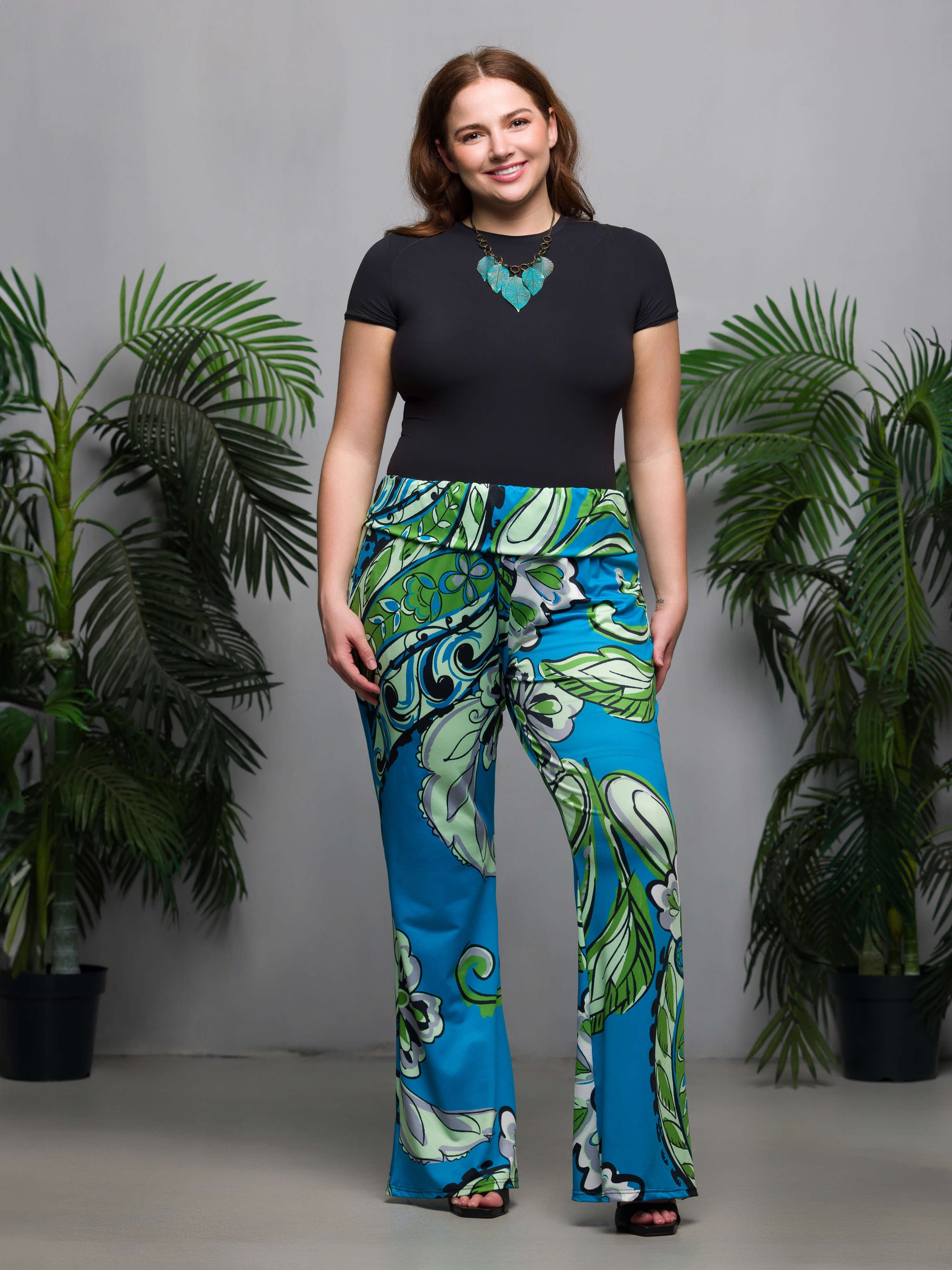 24seven Comfort Apparel Plus Size Teal Paisley Print Bell Bottom Foldover Waist Pants
