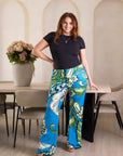 24seven Comfort Apparel Plus Size Teal Paisley Print Bell Bottom Foldover Waist Pants