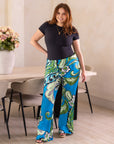 24seven Comfort Apparel Plus Size Teal Paisley Print Bell Bottom Foldover Waist Pants