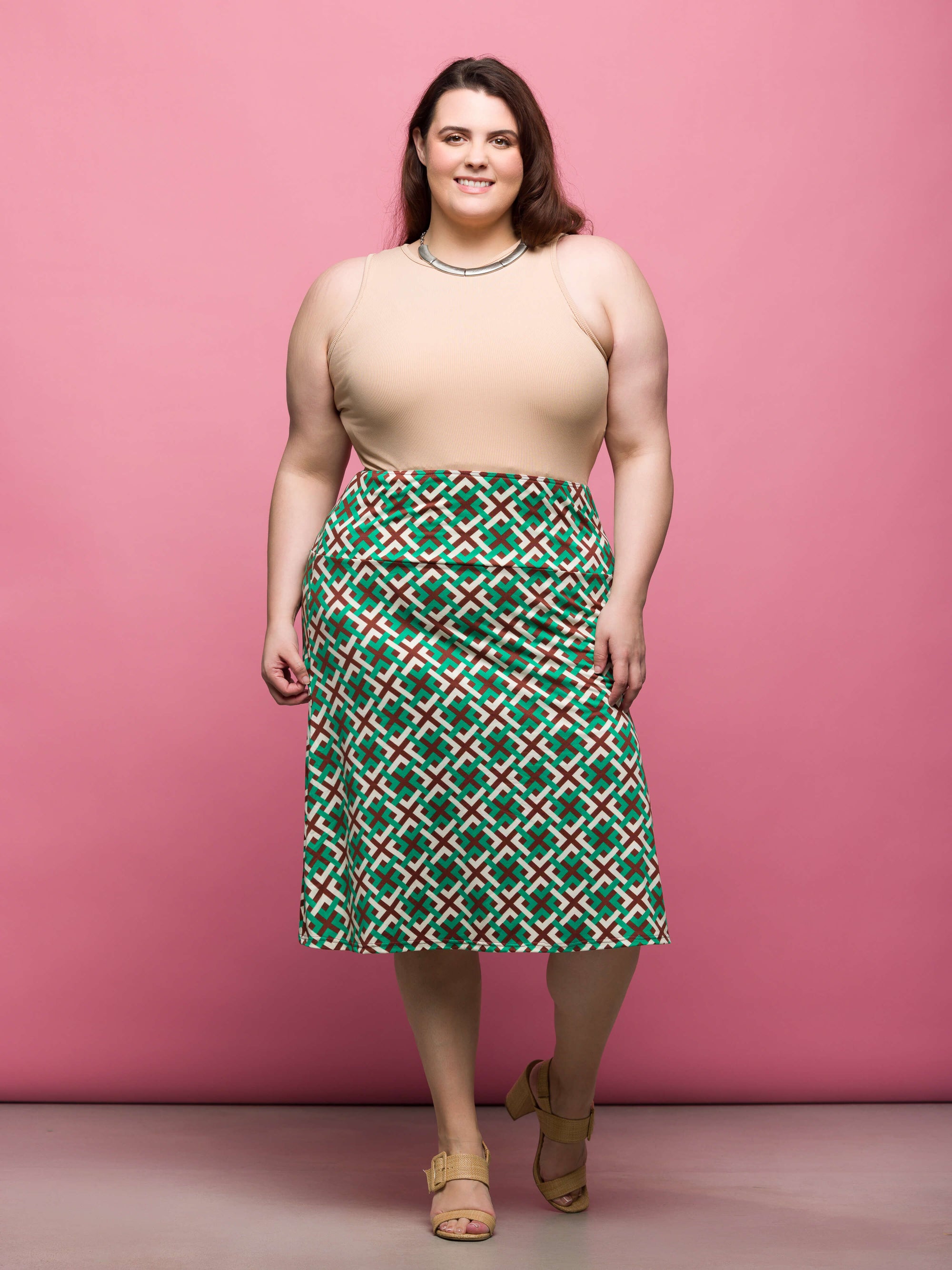 24seven Comfort Apparel Plus Size Green Geometric Print Comfortable Elastic Waist Knee Length Skirt