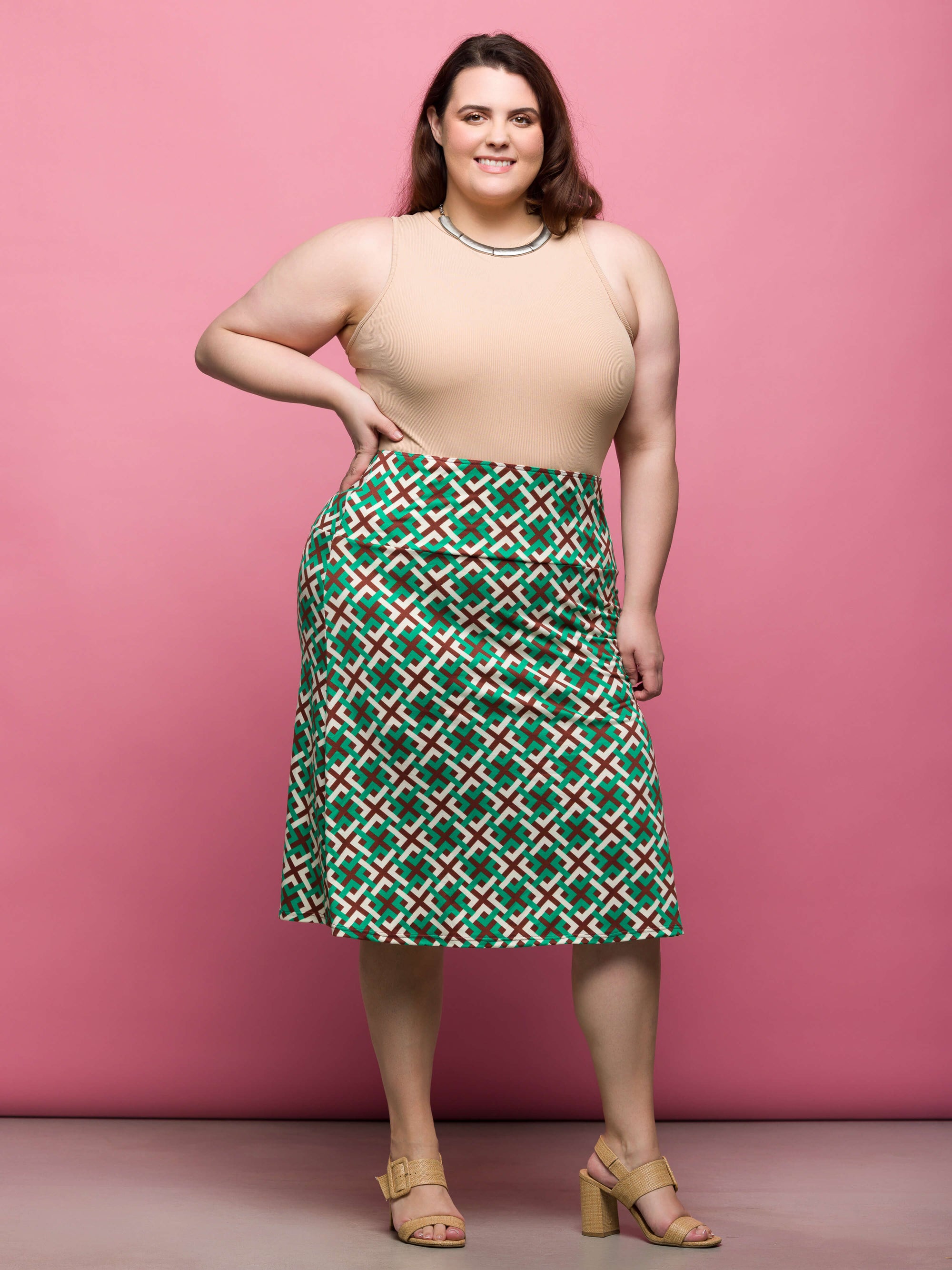 24seven Comfort Apparel Plus Size Green Geometric Print Comfortable Elastic Waist Knee Length Skirt