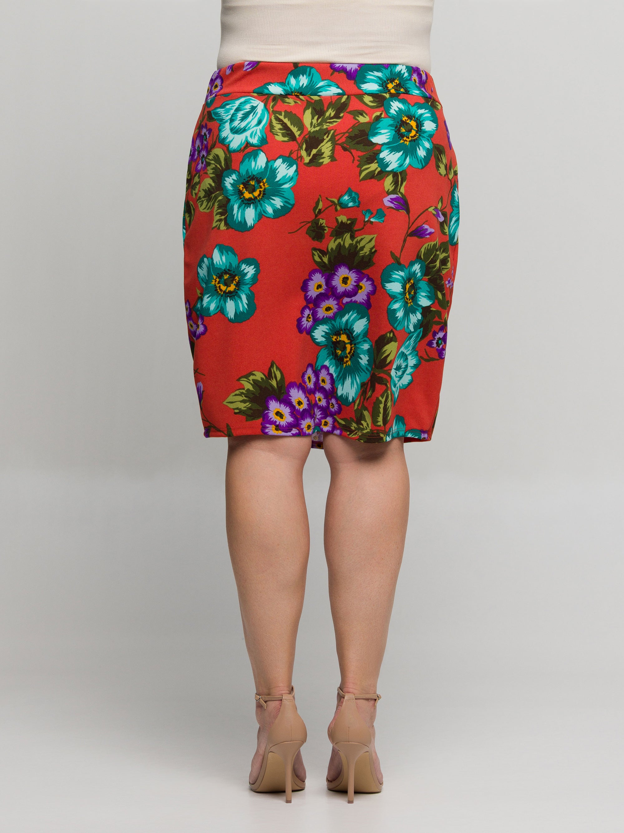 24seven Comfort Apparel Plus Size Orange Floral Print Knee Length Pencil Skirt
