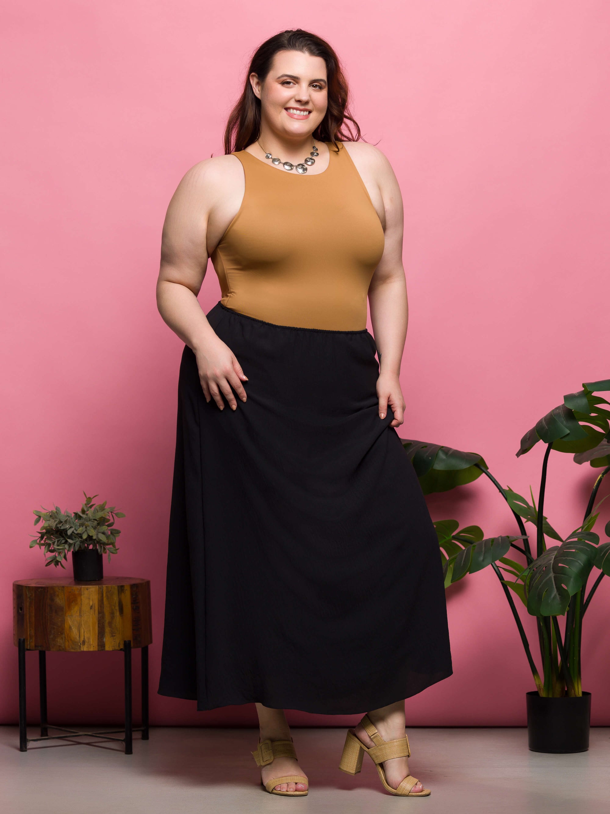 24seven Comfort Apparel Plus Size Elastic Waist A Line Maxi Skirt