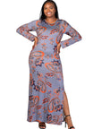 Plus Size Grey Long Sleeve Side Slit Fitted Maxi Dress