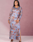 Plus Size Grey Long Sleeve Side Slit Fitted Maxi Dress