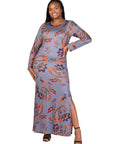 Plus Size Grey Long Sleeve Side Slit Fitted Maxi Dress