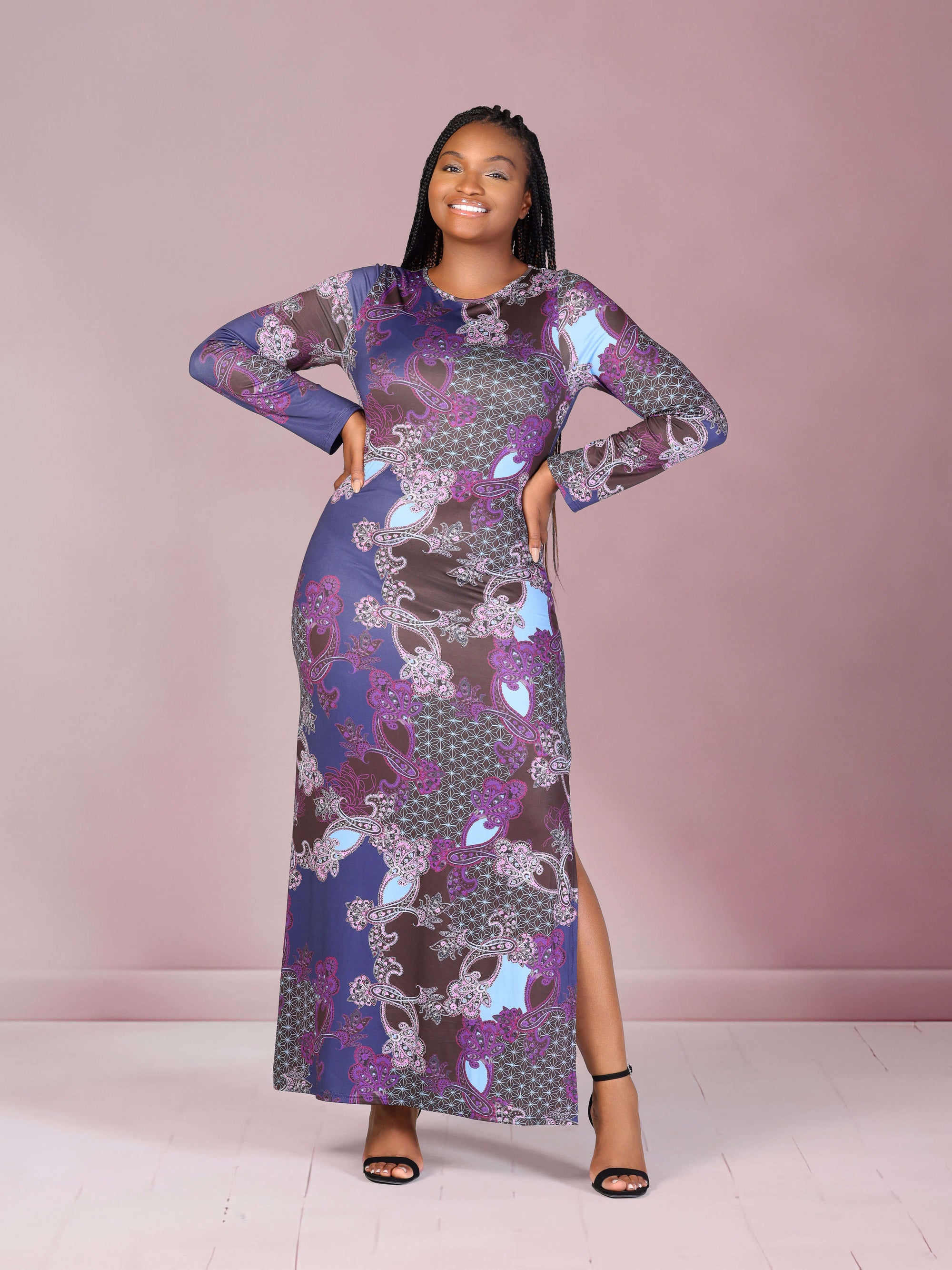 Plus Size Purple Paisley Long Sleeve Side Slit Fitted Maxi Dress