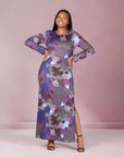 Plus Size Purple Paisley Long Sleeve Side Slit Fitted Maxi Dress