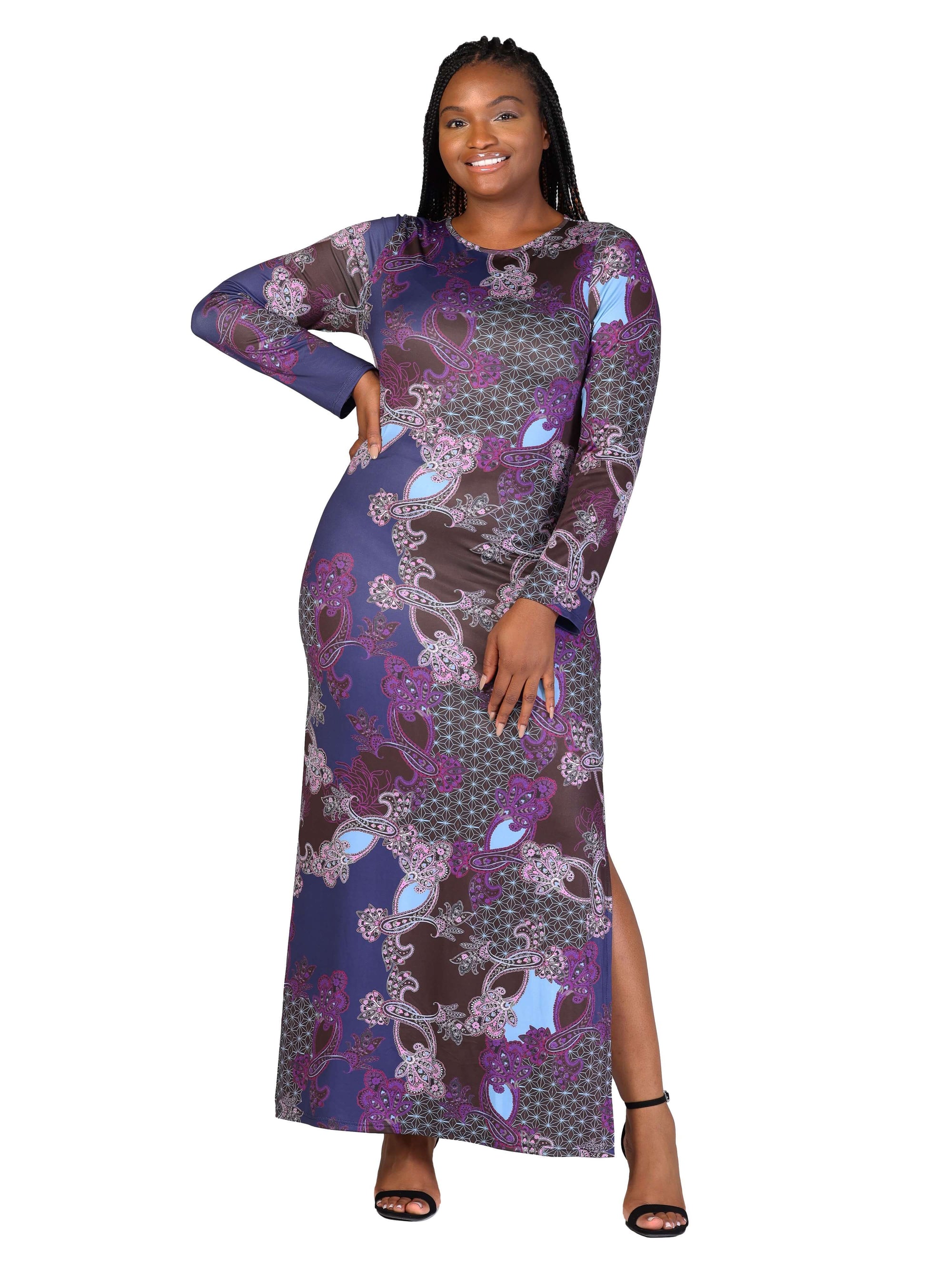 Plus Size Purple Paisley Long Sleeve Side Slit Fitted Maxi Dress