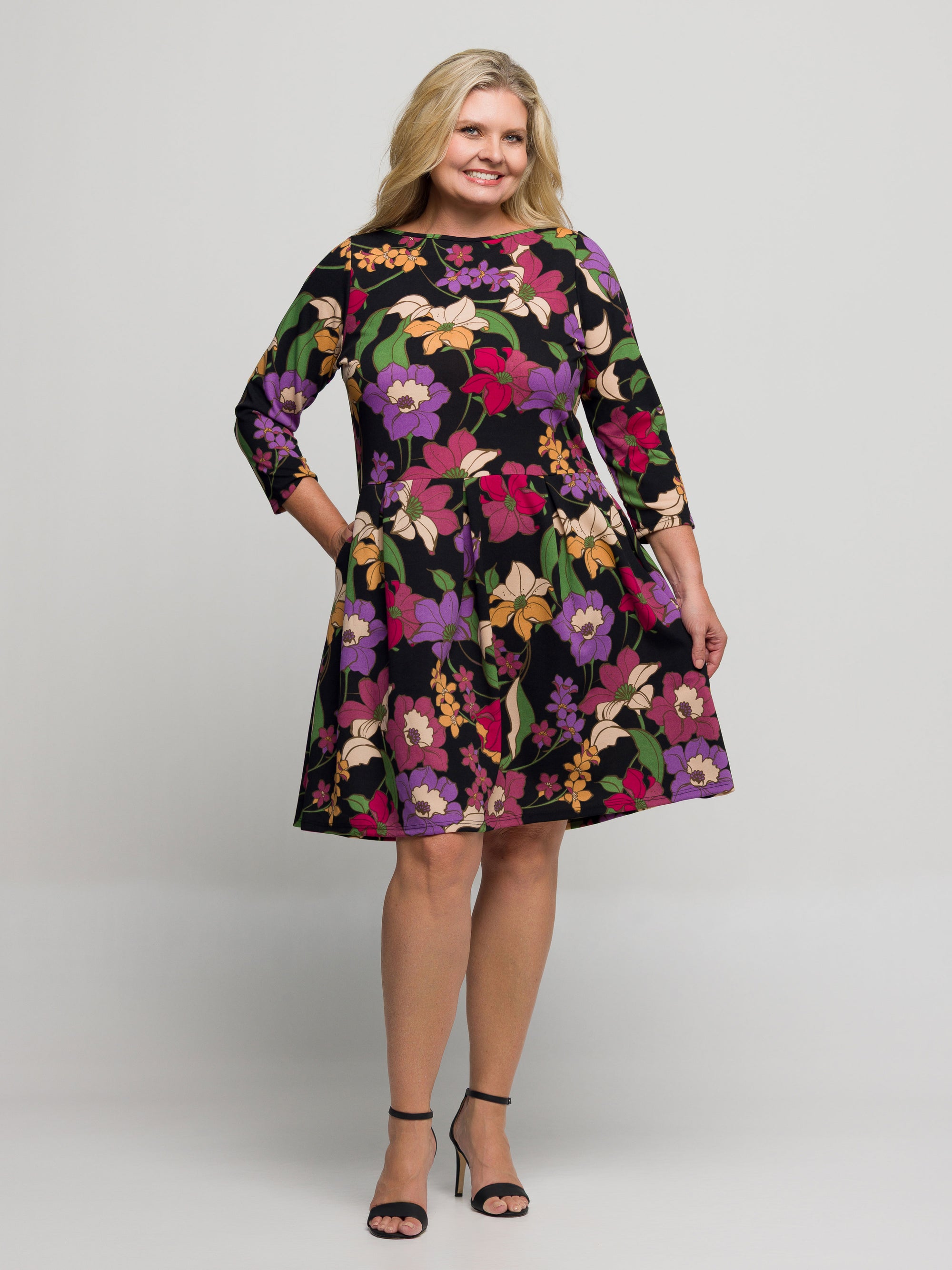 Plus Size Black Multicolor Floral Fit and Flare Pocket Knee Length Dress