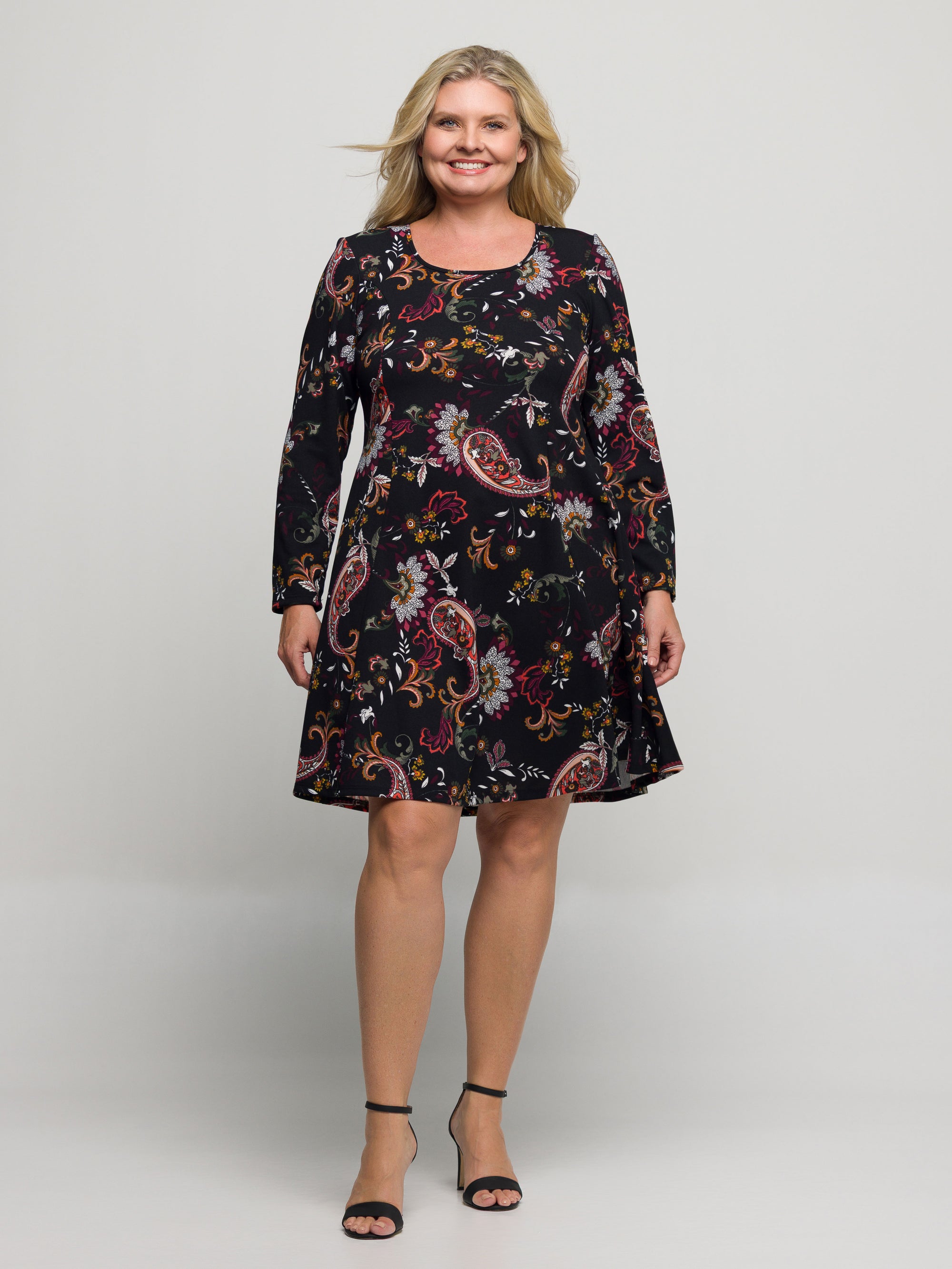 24seven Comfort Apparel Plus Size Black Paisley Print Long Sleeve Fit and Flare Dress